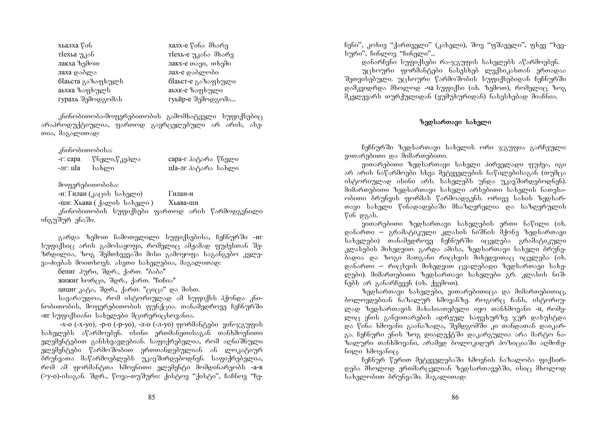 85
хьалха win халх-е wina mxare
тIехьа ukan тIехь-е ukana mxare
лакха zemoT лакх-е Tavi, Txemi
лаха dabla лах-е dablobi
бIаьста gazafxuls бIаьст-е gazafxuli
аьхка zafxuls аьхк-е zafxuli
гурахь Semodgomas гуьйр-е Semodgoma...
kninobiToba-moferebiTobis gamomxatveli sufiqsebic
araproduqtiulia, farTod gavrcelebuli ar aris, ase-
Tia, magaliTad:
kninobiTobisa:
-г: сара wneli,wkepla сара-г patara wneli
-лг: цIа saxli цIа-лг patara saxli
moferebiTobisa:
-и: Гилан (kacis saxeli) Гилан-и
-ши: Хьава ( qalis saxeli ) Хьава-ши
kninobiTobis sufiqsebi farTod aris warmodgenili
inguSur enaSi.
garda zemoT CamoTvlili sufiqsebisa, CeCnurSi -иг
sufiqsic aris gamosayofi, romelic amJamad fuZesTan Se-
zrdilia, zog SemTxvevaSi misi gamoyofa sagangebo kvle-
va-Ziebas moiTxovs. aseTi saxelebia, magaliTad:
бепиг puri, Sdr., qarT. "baba"
жижиг xorci, Sdr., qarT. "CiCia"
цициг kata, Sdr., qarT. "cica" da misT.
savaraudoa, rom istoriulad am sufiqss hqonda kni-
nobiTobis, moferebiTobis funqcia. Tanamedrove CeCnurSi
-иг sufiqsiani saxelebi mcirericxovania.
-х-о (-х-уо), -р-о (-р-уо), -л-о (-л-уо) formantebi vin-jgufis
saxelebs awarmoeben. isini erTmaneTisagan TanxmovniTi
elementebiT gansxvavdebian. safiqrebelia, rom aRniSnuli
elementebi warmoSobiT erTTandebulian an lokatiur
brunvaTa mawarmoeblebs ukavSirdebodnen. safiqrebelia,
rom am formantTa xmovniTi elementi momdinareobs -а-в
(>у-о)-isagan. Sdr., wova-TuSuri: qistov “qisti”, CaCnov “Ce-
86
Ceni”, koxiv “qarTveli” (kaxeli), Sov “fSaveli”, fxev “xev-
suri”, Cinlov “Cineli”...
danarCeni sufiqsebi ra-jgufis saxelebs awarmoeben.
ucxouri formantebi nasesxeb leqsikasTan erTadaa
SeTvisebuli. ucxouri warmoSobis sufiqsebidan CeCnurSi
damkvidrda mxolod -ча sufiqsi (ix. zemoT), romelic zog
mkvlevars Turqulidan (yumuxuridan) nasesxebad miaCnia.
zedzedzedzedsarsarsarsarTaTaTaTavi savi savi savi saxexexexelililili
CeCnurSi zedsarTavi saxelis ori jgufia garCeuli:
viTarebiTi da mimarTebiTi.
viTarebiTi zedsarTavi saxeli pirveladi fuZea, igi
ar aris nawarmoebi sxva metyvelebis nawilebisagan (Tumca
istoriulad isini ars. saxelebs unda ukavSirdebodnen).
mimarTebiTi zedsarTavi saxeli arsebiTi saxelis naTesa-
obiTi brunvis formas warmoadgens. orive saxis zedsar-
Tavi saxeli winadadebaSi msazRvrelia da sazRvrulis
win dgas.
viTarebiTi zedsarTavi saxelebis erTi nawili (ix.
danarTi _ gramatikuli klasis niSnis mqone zedsarTavi
saxelebi) Tanamedrove CeCnurSi icvleba gramatikuli
klasebis mixedviT. garda amisa, zedsarTavi saxeli brune-
badia da zogi maTgani ricxvis mixedviTac icvleba (ix.
danarTi _ ricxvis mixedviT cvalebadi zedsarTavi saxe-
lebi). mimarTebiTi zedsarTavi saxelebi gr. klasis niS-
nebs ar ganarCeven (ix. qvemoT).
zedsarTavi saxelebi, viTarebiTica da mimarTebiTic,
bolovdebian nazalur xmovanze. rogorc Cans, istoriu-
lad zedsarTavis maxasiaTebeli iyo Tanxmovani -н, rome-
lic enis ganviTarebis adreul safexurze jer dasustda
da wina xmovani gaanazala, SemdgomSi ki TandaTan daikar-
ga. CeCnuri enis zog dialeqtSi dakargulia ara marto na-
zaluri Tanxmovani, aramed bolokidur poziciaSi aRmoCe-
nili xmovanic.
CeCnur weriT metyvelebaSi xmovnis nazaloba fiqsir-
deba mxolod erTmarcvlian zedsarTavebSi, isic mxolod
saxelobiT brunvaSi. magaliTad:
 