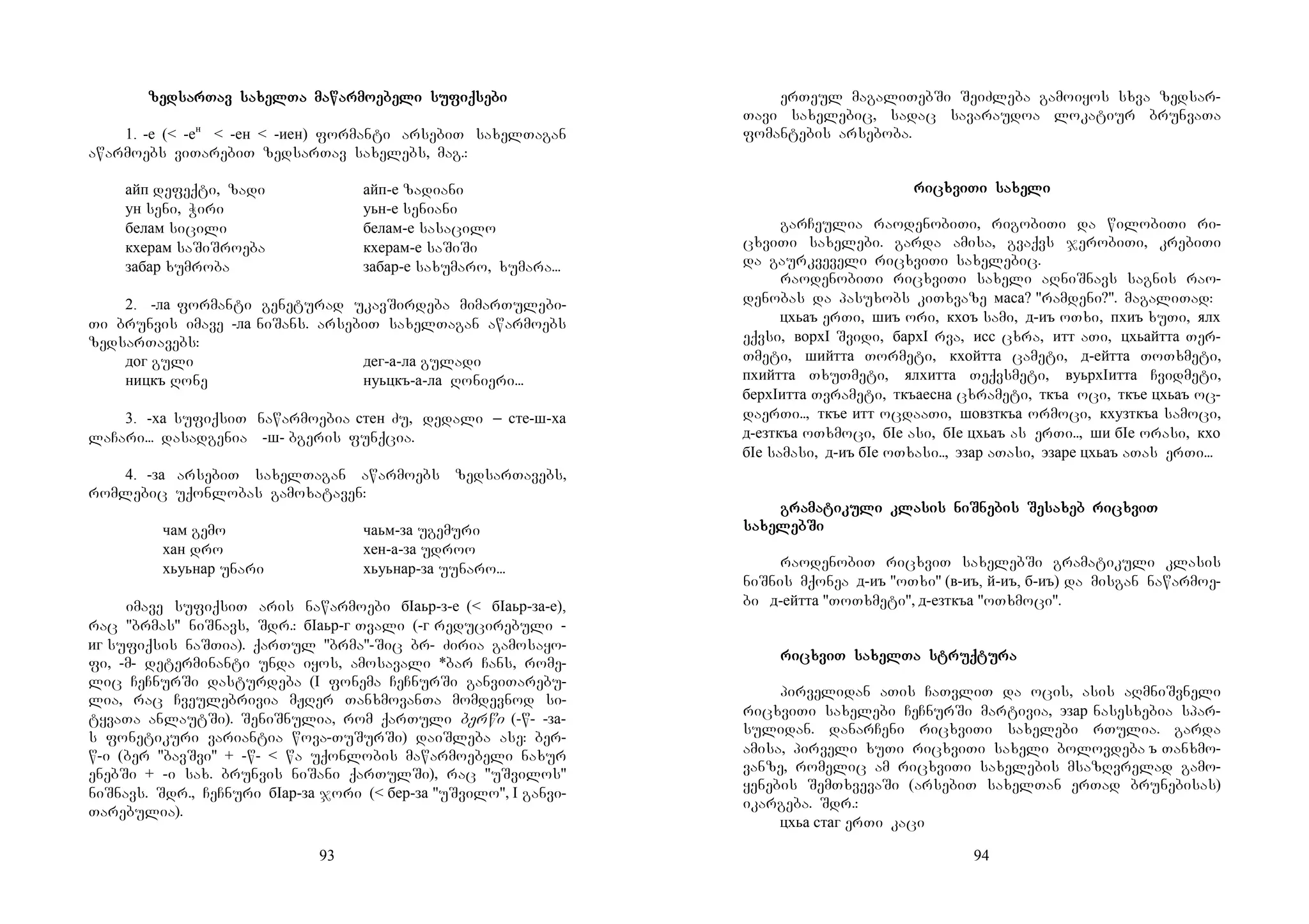 93
zedzedzedzedsarsarsarsarTavTavTavTav sasasasaxelxelxelxelTaTaTaTa mamamamawarwarwarwarmomomomoeeeebebebebelililili susususufiqfiqfiqfiqsesesesebibibibi
1. -е (< -ен
< -ен < -иен) formanti arsebiT saxelTagan
awarmoebs viTarebiT zedsarTav saxelebs, mag.:
айп defeqti, zadi айп-е zadiani
ун seni, Wiri уьн-е seniani
белам sicili белам-е sasacilo
кхерам saSiSroeba кхерам-е saSiSi
забар xumroba забар-е saxumaro, xumara...
2. -ла formanti geneturad ukavSirdeba mimarTulebi-
Ti brunvis imave -ла niSans. arsebiT saxelTagan awarmoebs
zedsarTavebs:
дог guli дег-а-ла guladi
ницкъ Rone нуьцкъ-а-ла Ronieri...
3. -ха sufiqsiT nawarmoebia стен Zu, dedali _ сте-ш-ха
laCari... dasadgenia -ш- bgeris funqcia.
4. -за arsebiT saxelTagan awarmoebs zedsarTavebs,
romlebic uqonlobas gamoxataven:
чам gemo чаьм-за ugemuri
хан dro хен-а-за udroo
хьуьнар unari хьуьнар-за uunaro...
imave sufiqsiT aris nawarmoebi бIаьр-з-е (< бIаьр-за-е),
rac "brmas" niSnavs, Sdr.: бIаьр-г Tvali (-г reducirebuli -
иг sufiqsis naSTia). qarTul "brma"-Sic br- Ziria gamosayo-
fi, -m- determinanti unda iyos, amosavali *bar Cans, rome-
lic CeCnurSi dasturdeba (I fonema CeCnurSi ganviTarebu-
lia, rac Cveulebrivia mJRer TanxmovanTa momdevnod si-
tyvaTa anlautSi). SeniSnulia, rom qarTuli berwi (-w- -за-
s fonetikuri variantia wova-TuSurSi) daiSleba ase: ber-
w-i (ber "bavSvi" + -w- < wa uqonlobis mawarmoebeli naxur
enebSi + -i sax. brunvis niSani qarTulSi), rac "uSvilos"
niSnavs. Sdr., CeCnuri бIар-за jori (< бер-за "uSvilo", I ganvi-
Tarebulia).
94
erTeul magaliTebSi SeiZleba gamoiyos sxva zedsar-
Tavi saxelebic, sadac savaraudoa lokatiur brunvaTa
fomantebis arseboba.
riririricxvicxvicxvicxviTiTiTiTi sasasasaxexexexelililili
garCeulia raodenobiTi, rigobiTi da wilobiTi ri-
cxviTi saxelebi. garda amisa, gvaqvs jerobiTi, krebiTi
da gaurkveveli ricxviTi saxelebic.
raodenobiTi ricxviTi saxeli aRniSnavs sagnis rao-
denobas da pasuxobs kiTxvaze маса? "ramdeni?". magaliTad:
цхьаъ erTi, шиъ ori, кхоъ sami, д-иъ oTxi, пхиъ xuTi, ялх
eqvsi, ворхI Svidi, бархI rva, исс cxra, итт aTi, цхьайтта Ter-
Tmeti, шийтта Tormeti, кхойтта cameti, д-ейтта ToTxmeti,
пхийтта TxuTmeti, ялхитта Teqvsmeti, вуьрхIитта Cvidmeti,
берхIитта Tvrameti, ткъаесна cxrameti, ткъа oci, ткъе цхьаъ oc-
daerTi.., ткъе итт ocdaaTi, шовзткъа ormoci, кхузткъа samoci,
д-езткъа oTxmoci, бIе asi, бIе цхьаъ as erTi.., ши бIе orasi, кхо
бIе samasi, д-иъ бIе oTxasi.., эзар aTasi, эзаре цхьаъ aTas erTi...
gragragragramamamamatitititikukukukuli klali klali klali klasis niSsis niSsis niSsis niSnenenenebis Sebis Sebis Sebis Sesasasasaxeb rixeb rixeb rixeb ricxcxcxcxviTviTviTviT
sasasasaxexexexeleblebleblebSiSiSiSi
raodenobiT ricxviT saxelebSi gramatikuli klasis
niSnis mqonea д-иъ "oTxi" (в-иъ, й-иъ, б-иъ) da misgan nawarmoe-
bi д-ейтта "ToTxmeti", д-езткъа "oTxmoci".
riririricxcxcxcxviT saviT saviT saviT saxelxelxelxelTa struqTa struqTa struqTa struqtutututurararara
pirvelidan aTis CaTvliT da ocis, asis aRmniSvneli
ricxviTi saxelebi CeCnurSi martivia, эзар nasesxebia spar-
sulidan. danarCeni ricxviTi saxelebi rTulia. garda
amisa, pirveli xuTi ricxviTi saxeli bolovdeba ъ Tanxmo-
vanze, romelic am ricxviTi saxelebis msazRvrelad gamo-
yenebis SemTxvevaSi (arsebiT saxelTan erTad brunebisas)
ikargeba. Sdr.:
цхьа стаг erTi kaci
 