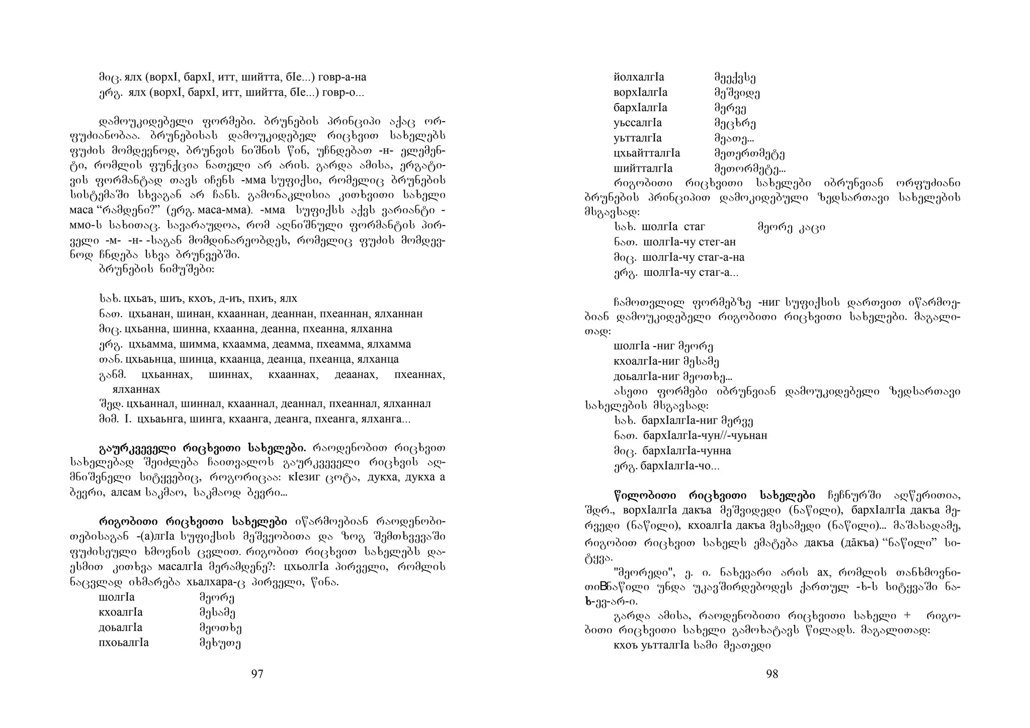 97
mic. ялх (ворхI, бархI, итт, шийтта, бIе...) говр-а-на
erg. ялх (ворхI, бархI, итт, шийтта, бIе...) говр-о...
damoukidebeli formebi. brunebis principi aqac or-
fuZianobaa. brunebisas damoukidebel ricxviT saxelebs
fuZis momdevnod, brunvis niSnis win, uCndebaT -н- elemen-
ti, romlis funqcia naTeli ar aris. garda amisa, ergati-
vis formantad Tavs iCens -мма sufiqsi, romelic brunebis
sistemaSi sxvagan ar Cans. gamonaklisia kiTxviTi saxeli
маса “ramdeni?” (erg. маса-мма). -мма sufiqss aqvs varianti -
ммо-s saxiTac. savaraudoa, rom aRniSnuli formantis pir-
veli -м- -н- -sagan momdinareobdes, romelic fuZis momdev-
nod Cndeba sxva brunvebSi.
brunebis nimuSebi:
sax. цхьаъ, шиъ, кхоъ, д-иъ, пхиъ, ялх
naT. цхьанан, шинан, кхааннан, деаннан, пхеаннан, ялханнан
mic. цхьанна, шинна, кхаанна, деанна, пхеанна, ялханна
erg. цхьамма, шимма, кхаамма, деамма, пхеамма, ялхамма
Tan. цхьаьнца, шинца, кхаанца, деанца, пхеанца, ялханца
ganm. цхьаннах, шиннах, кхааннах, деаанах, пхеаннах,
ялханнах
Sed. цхьаннал, шиннал, кхааннал, деаннал, пхеаннал, ялханнал
mim. I. цхьаьнга, шинга, кхаанга, деанга, пхеанга, ялханга...
gagagagaururururkvekvekvekvevevevevelililili riririricxvicxvicxvicxviTiTiTiTi sasasasaxexexexelelelelebibibibi.... raodenobiT ricxviT
saxelebad SeiZleba CaiTvalos gaurkveveli ricxvis aR-
mniSvneli sityvebic, rogoricaa: кIезиг cota, дукха, дукха а
bevri, алсам sakmao, sakmaod bevri...
ririririgogogogobibibibiTiTiTiTi riririricxvicxvicxvicxviTiTiTiTi sasasasaxexexexelelelelebibibibi iwarmoebian raodenobi-
Tebisagan -(а)лгIа sufiqsis meSveobiTa da zog SemTxvevaSi
fuZiseuli xmovnis cvliT. rigobiT ricxviT saxelebs da-
esmiT kiTxva масалгIа meramdene?: цхьолгIа pirveli, romlis
nacvlad ixmareba хьалхара-c pirveli, wina.
шолгIа meore
кхоалгIа mesame
доьалгIа meoTxe
пхоьалгIа mexuTe
98
йолхалгIа meeqvse
ворхIалгIа meSvide
бархIалгIа merve
уьссалгIа mecxre
уьтталгIа meaTe...
цхьайтталгIа meTerTmete
шийтталгIа meTormete...
rigobiTi ricxviTi saxelebi ibrunvian orfuZiani
brunebis principiT damokidebuli zedsarTavi saxelebis
msgavsad:
sax. шолгIа стаг meore kaci
naT. шолгIа-чу стег-ан
mic. шолгIа-чу стаг-а-на
erg. шолгIа-чу стаг-а...
CamoTvlil formebze -ниг sufiqsis darTviT iwarmoe-
bian damoukidebeli rigobiTi ricxviTi saxelebi. magali-
Tad:
шолгIа -ниг meore
кхоалгIа-ниг mesame
доьалгIа-ниг meoTxe...
aseTi formebi ibrunvian damoukidebeli zedsarTavi
saxelebis msgavsad:
sax. бархIалгIа-ниг merve
naT. бархIалгIа-чун//-чуьнан
mic. бархIалгIа-чунна
erg. бархIалгIа-чо...
wiwiwiwilolololobibibibiTiTiTiTi riririricxvicxvicxvicxviTiTiTiTi sasasasaxexexexelelelelebibibibi CeCnurSi aRweriTia,
Sdr., ворхIалгIа дакъа meSvidedi (nawili), бархIалгIа дакъа me-
rvedi (nawili), кхоалгIа дакъа mesamedi (nawili)... maSasadame,
rigobiT ricxviT saxels emateba дакъа (дāкъа) “nawili” si-
tyva.
"meoredi", e. i. naxevari aris ах, romlis Tanxmovni-
Ti nawili unda ukavSirdebodes qarTul -x-s sityvaSi na-
xxxx-ev-ar-i.
garda amisa, raodenobiTi ricxviTi saxeli + rigo-
biTi ricxviTi saxeli gamoxatavs wilads. magaliTad:
кхоъ уьтталгIа sami meaTedi
 