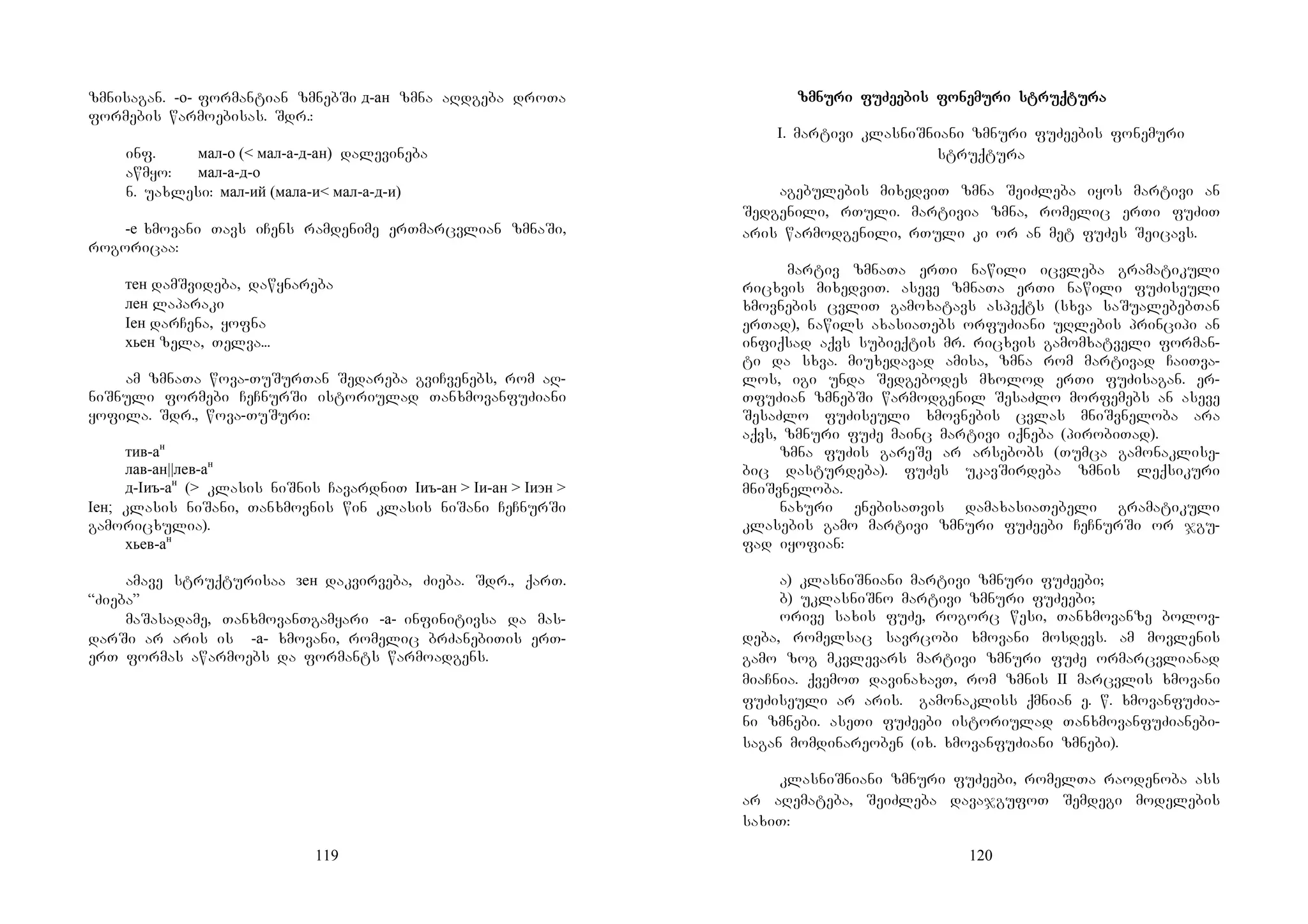 119
zmnisagan. -о- formantian zmnebSi д-ан zmna aRdgeba droTa
formebis warmoebisas. Sdr.:
inf. мал-о (< мал-а-д-ан) dalevineba
awmyo: мал-а-д-о
n. uaxlesi: мал-ий (мала-и< мал-а-д-и)
-е xmovani Tavs iCens ramdenime erTmarcvlian zmnaSi,
rogoricaa:
тен damSvideba, dawynareba
лен laparaki
Iен darCena, yofna
хьен zela, Telva...
am zmnaTa wova-TuSurTan Sedareba gviCvenebs, rom aR-
niSnuli formebi CeCnurSi istoriulad TanxmovanfuZiani
yofila. Sdr., wova-TuSuri:
тив-ан
лав-ан||лев-ан
д-Iиъ-ан
(> klasis niSnis CavardniT Iиъ-ан > Iи-ан > Iиэн >
Iен; klasis niSani, Tanxmovnis win klasis niSani CeCnurSi
gamoricxulia).
хьев-ан
amave struqturisaa зен dakvirveba, Zieba. Sdr., qarT.
“Zieba”
maSasadame, TanxmovanTgamyari -а- infinitivsa da mas-
darSi ar aris is -а- xmovani, romelic brZanebiTis erT-
erT formas awarmoebs da formants warmoadgens.
120
zmnuzmnuzmnuzmnuri furi furi furi fuZeZeZeZeeeeebis fobis fobis fobis fonenenenemumumumuri struqri struqri struqri struqtutututurararara
I. martivi klasniSniani zmnuri fuZeebis fonemuri
struqtura
agebulebis mixedviT zmna SeiZleba iyos martivi an
Sedgenili, rTuli. martivia zmna, romelic erTi fuZiT
aris warmodgenili, rTuli ki or an met fuZes Seicavs.
Mmartiv zmnaTa erTi nawili icvleba gramatikuli
ricxvis mixedviT. aseve zmnaTa erTi nawili fuZiseuli
xmovnebis cvliT gamoxatavs aspeqts (sxva saSualebebTan
erTad), nawils axasiaTebs orfuZiani uRlebis principi an
infiqsad aqvs subieqtis mr. ricxvis gamomxatveli forman-
ti da sxva. miuxedavad amisa, zmna rom martivad CaiTva-
los, igi unda Sedgebodes mxolod erTi fuZisagan. er-
TfuZian zmnebSi warmodgenil SesaZlo morfemebs an aseve
SesaZlo fuZiseuli xmovnebis cvlas mniSvneloba ara
aqvs, zmnuri fuZe mainc martivi iqneba (pirobiTad).
zmna fuZis gareSe ar arsebobs (Tumca gamonaklise-
bic dasturdeba). fuZes ukavSirdeba zmnis leqsikuri
mniSvneloba.
naxuri enebisaTvis damaxasiaTebeli gramatikuli
klasebis gamo martivi zmnuri fuZeebi CeCnurSi or jgu-
fad iyofian:
a) klasniSniani martivi zmnuri fuZeebi;
b) uklasniSno martivi zmnuri fuZeebi;
orive saxis fuZe, rogorc wesi, Tanxmovanze bolov-
deba, romelsac savrcobi xmovani mosdevs. am movlenis
gamo zog mkvlevars martivi zmnuri fuZe ormarcvlianad
miaCnia. qvemoT davinaxavT, rom zmnis II marcvlis xmovani
fuZiseuli ar aris. Ggamonakliss qmnian e. w. xmovanfuZia-
ni zmnebi. aseTi fuZeebi istoriulad TanxmovanfuZianebi-
sagan momdinareoben (ix. xmovanfuZiani zmnebi).
klasniSniani zmnuri fuZeebi, romelTa raodenoba ass
ar aRemateba, SeiZleba davajgufoT Semdegi modelebis
saxiT:
 