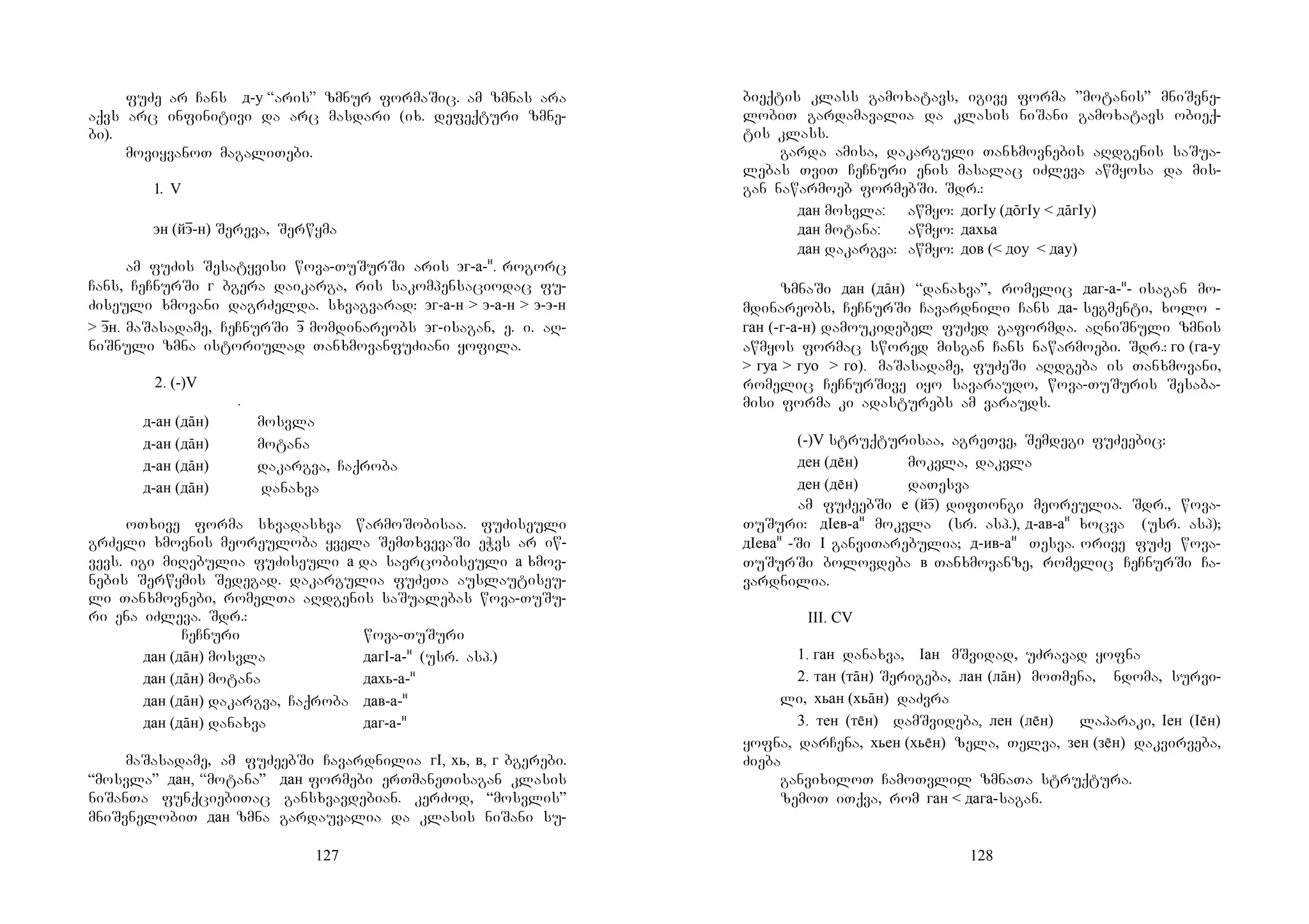127
fuZe ar Cans д-у “aris” zmnur formaSic. am zmnas ara
aqvs arc infinitivi da arc masdari (ix. defeqturi zmne-
bi).
moviyvanoT magaliTebi.
1. V
эн (йэɸ-н) Sereva, Serwyma
am fuZis Sesatyvisi wova-TuSurSi aris эг-а-н
. rogorc
Cans, CeCnurSi г bgera daikarga, ris sakompensaciodac fu-
Ziseuli xmovani dagrZelda. sxvagvarad: эг-а-н > э-а-н > э-э-н
> эɸн. maSasadame, CeCnurSi эɸ momdinareobs эг-isagan, e. i. aR-
niSnuli zmna istoriulad TanxmovanfuZiani yofila.
2. (-)V
.
д-ан (дāн) mosvla
д-ан (дāн) motana
д-ан (дāн) dakargva, Caqroba
д-ан (дāн) danaxva
oTxive forma sxvadasxva warmoSobisaa. fuZiseuli
grZeli xmovnis meoreuloba yvela SemTxvevaSi eWvs ar iw-
vevs. igi miRebulia fuZiseuli а da savrcobiseuli а xmov-
nebis Serwymis Sedegad. dakargulia fuZeTa auslautiseu-
li Tanxmovnebi, romelTa aRdgenis saSualebas wova-TuSu-
ri ena iZleva. Sdr.:
CeCnuri wova-TuSuri
дан (дāн) mosvla дагI-а-н
(usr. asp.)
дан (дāн) motana дахь-а-н
дан (дāн) dakargva, Caqroba дав-а-н
дан (дāн) danaxva даг-а-н
maSasadame, am fuZeebSi Cavardnilia гI, хь, в, г bgerebi.
“mosvla” дан, “motana” дан formebi erTmaneTisagan klasis
niSanTa funqciebiTac gansxvavdebian. kerZod, “mosvlis”
mniSvnelobiT дан zmna gardauvalia da klasis niSani su-
128
bieqtis klass gamoxatavs, igive forma ”motanis” mniSvne-
lobiT gardamavalia da klasis niSani gamoxatavs obieq-
tis klass.
garda amisa, dakarguli Tanxmovnebis aRdgenis saSua-
lebas TviT CeCnuri enis masalac iZleva awmyosa da mis-
gan nawarmoeb formebSi. Sdr.:
дан mosvla: awmyo: догIу (дōгIу < дāгIу)
дан motana: awmyo: дахьа
дан dakargva: awmyo: дов (< доу < дау)
zmnaSi дан (дāн) “danaxva”, romelic даг-а-н
- isagan mo-
mdinareobs, CeCnurSi Cavardnili Cans да- segmenti, xolo -
ган (-г-а-н) damoukidebel fuZed gaformda. aRniSnuli zmnis
awmyos formac swored misgan Cans nawarmoebi. Sdr.: го (га-у
> гуа > гуо > го). maSasadame, fuZeSi aRdgeba is Tanxmovani,
romelic CeCnurSive iyo savaraudo, wova-TuSuris Sesaba-
misi forma ki adasturebs am varauds.
(-)V struqturisaa, agreTve, Semdegi fuZeebic:
ден (дн) mokvla, dakvla
ден (дн) daTesva
am fuZeebSi е (йэɸ) difTongi meoreulia. Sdr., wova-
TuSuri: дIев-ан
mokvla (sr. asp.), д-ав-ан
xocva (usr. asp);
дIеван
-Si I ganviTarebulia; д-ив-ан
Tesva. orive fuZe wova-
TuSurSi bolovdeba в Tanxmovanze, romelic CeCnurSi Ca-
vardnilia.
III. CV
1. ган danaxva, Iан mSvidad, uZravad yofna
2. тан (тāн) Serigeba, лан (лāн) moTmena, ndoma, survi-
li, хьан (хьāн) daZvra
3. тен (тн) damSvideba, лен (лн) laparaki, Iен (Iн)
yofna, darCena, хьен (хьн) zela, Telva, зен (зн) dakvirveba,
Zieba
ganvixiloT CamoTvlil zmnaTa struqtura.
zemoT iTqva, rom ган < дага-sagan.
 