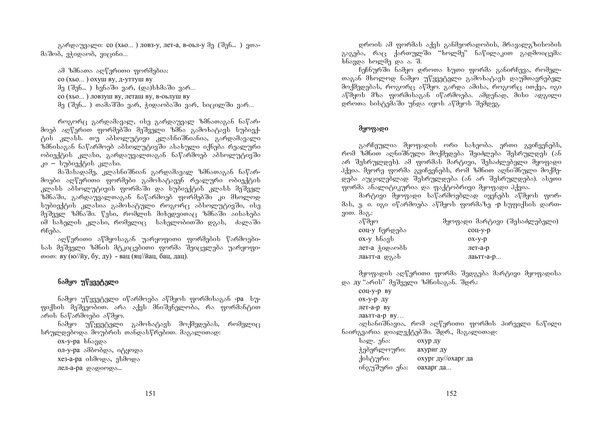 151
gardauvali: со (хьо... ) ловз-у, лет-а, в-оьл-у me (Sen... ) vTa-
maSob, vWidaob, vicini...
am zmnaTa aRweriTi formebia:
со (хьо... ) охуш ву, д-уттуш ву
me (Sen... ) xvnaSi var, (da)sxmaSi var...
со (хьо... ) ловзуш ву, леташ ву, в-оьлуш ву
me (Sen... ) TamaSSi var, WidaobaSi var, sicilSi var...
rogorc gardamaval, ise gardauval zmnaTagan nawar-
moeb aRweriT formebSi meSveli zmna gamoxatavs subieq-
tis klass. Tu absolutivi klasniSniania, gardamavali
zmnisagan nawarmoeb absolutivSi asaxuli iqneba realuri
obieqtis klasi, gardauvalTagan nawarmoeb absolutivSi
ki _ subieqtis klasi.
maSasadame, klasniSnian gardamaval zmnaTagan nawar-
moebi aRweriTi formebi gamoxataven realuri obieqtis
klass absolutivis formaSi da subieqtis klass meSvel
zmnaSi, gardauvalTagan nawarmoeb formebSi ki mxolod
subieqtis klasia gamoxatuli rogorc absolutivSi, ise
meSvel zmnaSi. wesi, romlis mixedviTac zmnaSi aisaxeba
im saxelis klasi, romelic saxelobiTSi dgas, ZalaSi
rCeba.
aRweriTi awmyosagan uaryofiTi formebis warmoebi-
sas meSveli zmnis mtkicebiTi forma Seicvleba uaryofi-
TiT: ву (ю//йу, бу, ду) - вац (яц//йац, бац, дац).
nanananamyo uwyvemyo uwyvemyo uwyvemyo uwyvetetetetelililili
namyo uwyveteli iwarmoeba awmyos formisagan -ра su-
fiqsis meSveobiT. ara aqvs mniSvneloba, ra formantiT
aris nawarmoebi awmyo.
namyo uwyveteli gamoxatavs moqmedebas, romelic
sruldeboda moubris TandaswrebiT. magaliTad:
ох-у-ра xnavda
ол-у-ра ambobda, ityoda
хез-а-ра ismoda, esmoda
лел-а-ра dadioda...
152
drois am formas aqvs ganmeoradobis, mravalgzisobis
gageba, rac qarTulSi “xolme” nawilakiT gadmoicema:
xnavda xolme da a. S.
CeCnurSi namyo droTa xuTi forma ganirCeva, romel-
Tagan mxolod namyo uwyveteli gamoxatavs daumTavrebel
moqmedebas, rogorc awmyo. garda amisa, rogorc iTqva, igi
awmyos mza formisagan iwarmoeba. amdenad, misi adgili
droTa sistemaSi unda iyos awmyos Semdeg.
myomyomyomyofafafafadidididi
garCeulia myofadis ori saxeoba. erTi gviCvenebs,
rom zmniT aRniSnuli moqmedeba SeiZleba Sesruldes (an
ar Sesruldes). am formas martivi, SesaZlebeli myofadi
hqvia. meore forma gviCvenebs, rom zmniT aRniSnuli moqme-
deba aucileblad Sesruldeba (an ar Sesruldeba). aseTi
forma analitikuria da faqtobrivi myofadi hqvia.
martivi myofadi sawarmoeblad iyenebs awmyos for-
mas, e. i. igi iwarmoeba awmyos formaze -р sufiqsis darT-
viT. mag.:
awmyo myofadi martivi (SesaZlebeli)
соц-у Cerdeba соц-у-р
ох-у xnavs ох-у-р
лет-а Widaobs лет-а-р
лаьтт-а dgas лаьтт-а-р...
myofadis aRweriTi forma Sedgeba martivi myofadisa
da ду “aris” meSveli zmnisagan. Sdr.:
соц-у-р ву
ох-у-р ду
лет-а-р ву
лаьтт-а-р ву…
aRsaniSnavia, rom aRweriTi formis pirveli nawili
nairgvaria dialeqtebSi. Sdr., magaliTad:
sal. ena: охур ду
Weberlouri: ахуриг ду
qisturi: охург ду//охарг да
inguSuri ena: оахарг да...
 