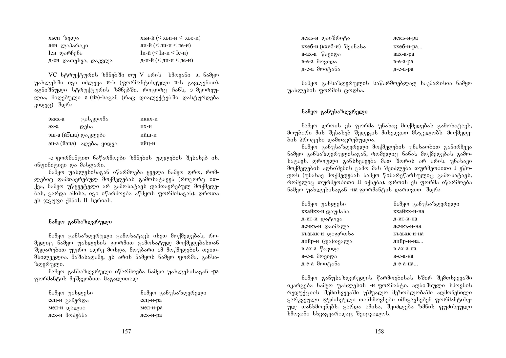 157
хьен zela хьи-й (< хьи-и < хье-и)
лен laparaki ли-й (< ли-и < ле-и)
Iен darCena Iи-й (< Iи-и < Iе-и)
д-ен daTesva, dakvla д-и-й (< ди-и < де-и)
VС struqturis zmnebSi Tu V aris xmovani э, namyo
uaxlesSi igi iZleva и-s (formantiseuli и-s gavleniT).
aRniSnuli struqturis zmnebSi, rogorc Cans, э meoreu-
lia, miRebuli е (йэ)-sagan (rac dialeqtebSi dasturdeba
kidec). Sdr.:
эккх-а gaskdoma иккх-и
эх-а dena их-и
эш-а (йэɸша) dakleba ийш-и
эц-а (йэɸца) aReba, yidva … ийц-и...
-о formantiT nawarmoebi zmnebis uRlebis Sesaxeb ix.
infinitivi da masdari.
namyo uaxlesisagan iwarmoeba yvela namyo dro, rom-
lebic damTavrebul moqmedebas gamoxataven (rogorc iT-
qva, namyo uwyveteli ar gamoxatavs damTavrebul moqmede-
bas, garda amisa, igi iwarmoeba awmyos formisagan). droTa
es jgufi qmnis II serias.
nanananamyo ganmyo ganmyo ganmyo gansasasasazRvruzRvruzRvruzRvrulililili
namyo gansazRvruli gamoxatavs iseT moqmedebas, ro-
melic namyo uaxlesis formiT gamoxatul moqmedebasTan
SedarebiT ufro adre moxda, moubari am moqmedebis TviT-
mxilvelia. maSasadame, es aris namyos namyo forma, gansa-
zRvruli.
namyo gansazRvruli iwarmoeba namyo uaxlesisagan -ра
formantis meSveobiT. magaliTad:
namyo uaxlesi namyo ganusazRvreli
сец-и gaCerda сец-и-ра
мел-и dalia мел-и-ра
лех-и moZebna лех-и-ра
158
лекъ-и daiSrita лекъ-и-ра
кхеб-и (кхб-и) Seinaxa кхеб-и-ра...
в-ах-а wavida вах-а-ра
в-е-а movida в-е-а-ра
д-е-а moitana д-е-а-ра
namyo gansazRvrulis sawarmoeblad sakmarisia namyo
uaxlesis formis codna.
nanananamyo ganumyo ganumyo ganumyo ganusasasasazRvrezRvrezRvrezRvrelililili
namyo drois es forma unaxav moqmedebas gamoxatavs,
moubari mis Sesaxeb Sedegis mixedviT msjelobs. moqmede-
bis procesi damTavrebulia.
namyo ganusazRvreli moqmedebis unaxaobiT ganirCeva
namyo gansazRvrulisagan, romelic nanax moqmedebas gamo-
xatavs. drouli gansxvaveba maT Soris ar aris. unaxavi
moqmedebis aRniSvnis gamo mas SeiZleba TurmeobiTi I ewo-
dos (unaxav moqmedebas namyo winarewarsulic gamoxatavs,
romelic TurmeobiTi II iqneba). drois es forma iwarmoeba
namyo uaxlesisagan -на formantis darTviT. Sdr.:
namyo uaxlesi namyo ganusazRvreli
кхайкх-и dauZaxa кхайкх-и-на
д-ит-и datova д-ит-и-на
лечкъ-и daimala лечкъ-и-на
къаьхк-и dafrTxa къаьхк-и-на
лийр-и (da)Tvala лийр-и-на...
в-ах-а wavida в-ах-а-на
в-е-а movida в-е-а-на
д-е-а moitana д-е-а-на...
namyo ganusazRvrelis warmoebisas xSir SemTxvevaSi
ikargeba namyo uaxlesis -и formanti. aRniSnuli xmovnis
reduqciis SemTxvevaSi uSualo mezoblobaSi aRmoCenili
garkveuli fuZiseuli Tanxmovnebi imsgavseben formantise-
ul Tanxmovnebs. garda amisa, SeiZleba zmnis fuZiseuli
xmovani sxvagvaradac Seicvalos.
 