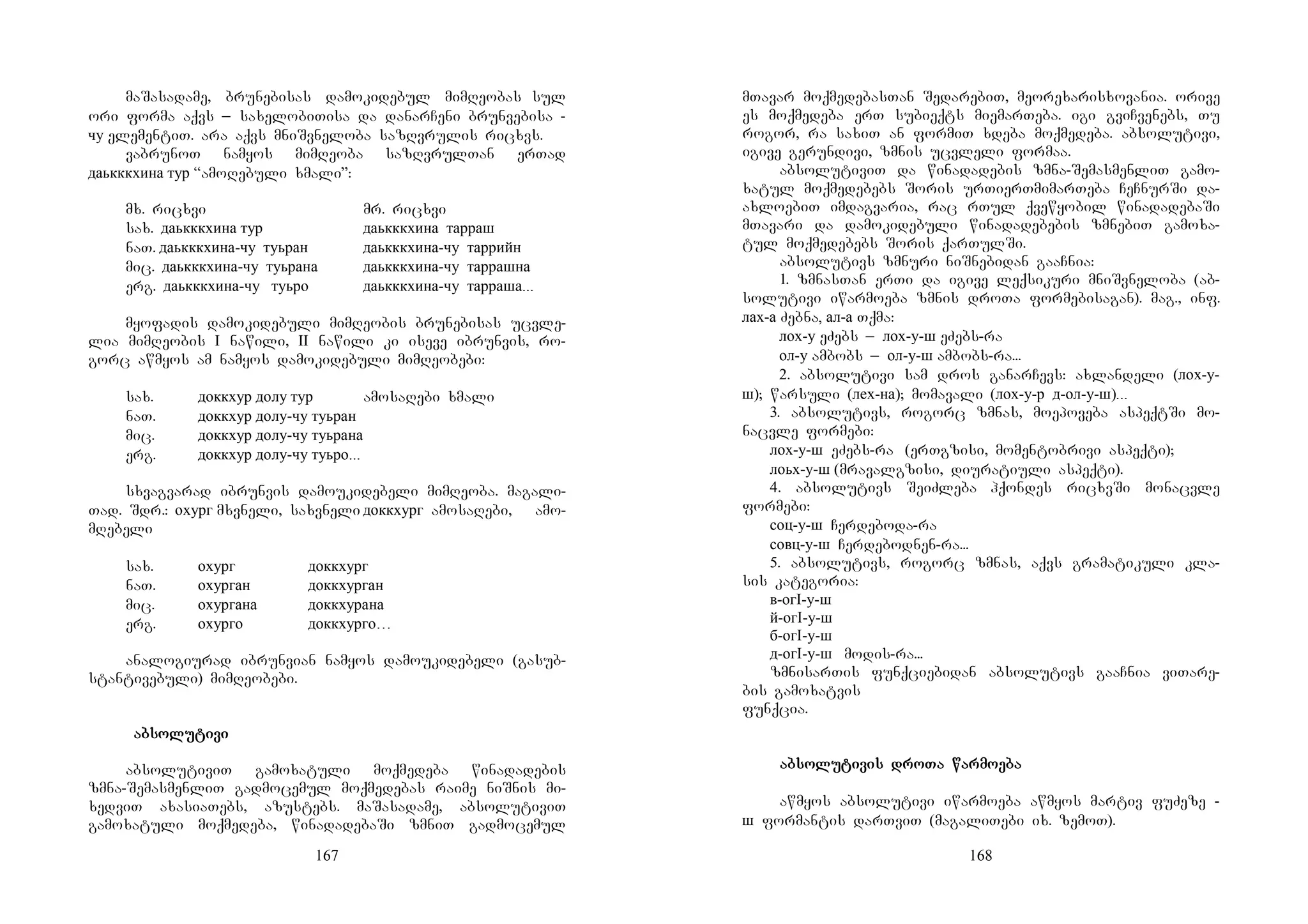 167
maSasadame, brunebisas damokidebul mimReobas sul
ori forma aqvs _ saxelobiTisa da danarCeni brunvebisa -
чу elementiT. ara aqvs mniSvneloba sazRvrulis ricxvs.
vabrunoT namyos mimReoba sazRvrulTan erTad
даькккхина тур “amoRebuli xmali”:
mx. ricxvi mr. ricxvi
sax. даькккхина тур даькккхина тарраш
naT. даькккхина-чу туьран даькккхина-чу таррийн
mic. даькккхина-чу туьрана даькккхина-чу таррашна
erg. даькккхина-чу туьро даькккхина-чу тарраша...
myofadis damokidebuli mimReobis brunebisas ucvle-
lia mimReobis I nawili, II nawili ki iseve ibrunvis, ro-
gorc awmyos am namyos damokidebuli mimReobebi:
sax. доккхур долу тур amosaRebi xmali
naT. доккхур долу-чу туьран
mic. доккхур долу-чу туьрана
erg. доккхур долу-чу туьро...
sxvagvarad ibrunvis damoukidebeli mimReoba. magali-
Tad. Sdr.: охург mxvneli, saxvneli доккхург amosaRebi, amo-
mRebeli
sax. охург доккхург
naT. охурган доккхурган
mic. охургана доккхурана
erg. охурго доккхурго…
analogiurad ibrunvian namyos damoukidebeli (gasub-
stantivebuli) mimReobebi.
AabAabAabAabsosososolulululutitititivivivivi
absolutiviT gamoxatuli moqmedeba winadadebis
zmna-SemasmenliT gadmocemul moqmedebas raime niSnis mi-
xedviT axasiaTebs, azustebs. maSasadame, absolutiviT
gamoxatuli moqmedeba, winadadebaSi zmniT gadmocemul
168
mTavar moqmedebasTan SedarebiT, meorexarisxovania. orive
es moqmedeba erT subieqts miemarTeba. igi gviCvenebs, Tu
rogor, ra saxiT an formiT xdeba moqmedeba. absolutivi,
igive gerundivi, zmnis ucvleli formaa.
absolutiviT da winadadebis zmna-SemasmenliT gamo-
xatul moqmedebebs Soris urTierTmimarTeba CeCnurSi da-
axloebiT imdagvaria, rac rTul qvewyobil winadadebaSi
mTavari da damokidebuli winadadebebis zmnebiT gamoxa-
tul moqmedebebs Soris qarTulSi.
absolutivs zmnuri niSnebidan gaaCnia:
1. zmnasTan erTi da igive leqsikuri mniSvneloba (ab-
solutivi iwarmoeba zmnis droTa formebisagan). mag., inf.
лах-а Zebna, ал-а Tqma:
лох-у eZebs _ лох-у-ш eZebs-ra
ол-у ambobs _ ол-у-ш ambobs-ra...
2. absolutivi sam dros ganarCevs: axlandeli (лох-у-
ш); warsuli (лех-на); momavali (лох-у-р д-ол-у-ш)...
3. absolutivs, rogorc zmnas, moepoveba aspeqtSi mo-
nacvle formebi:
лох-у-ш eZebs-ra (erTgzisi, momentobrivi aspeqti);
лоьх-у-ш (mravalgzisi, diuratiuli aspeqti).
4. absolutivs SeiZleba hqondes ricxvSi monacvle
formebi:
соц-у-ш Cerdeboda-ra
совц-у-ш Cerdebodnen-ra...
5. absolutivs, rogorc zmnas, aqvs gramatikuli kla-
sis kategoria:
в-огI-у-ш
й-огI-у-ш
б-огI-у-ш
д-огI-у-ш modis-ra...
zmnisarTis funqciebidan absolutivs gaaCnia viTare-
bis gamoxatvis
funqcia.
ababababsosososolulululutitititivis drovis drovis drovis droTa warmoTa warmoTa warmoTa warmoeeeebabababa
awmyos absolutivi iwarmoeba awmyos martiv fuZeze -
ш formantis darTviT (magaliTebi ix. zemoT).
 