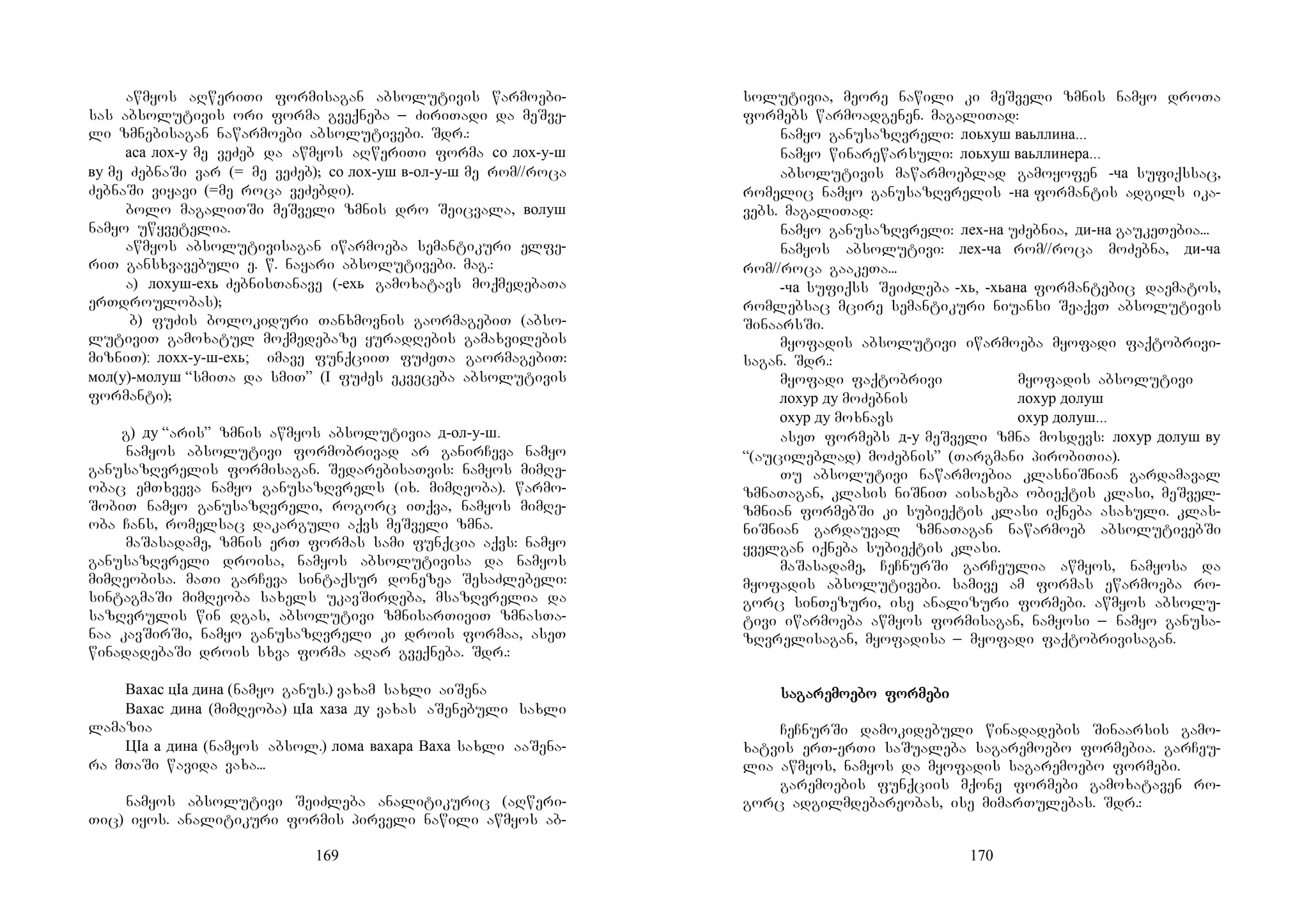169
awmyos aRweriTi formisagan absolutivis warmoebi-
sas absolutivis ori forma gveqneba _ ZiriTadi da meSve-
li zmnebisagan nawarmoebi absolutivebi. Sdr.:
аса лох-у me veZeb da awmyos aRweriTi forma со лох-у-ш
ву me ZebnaSi var (= me veZeb); со лох-уш в-ол-у-ш me rom//roca
ZebnaSi viyavi (=me roca veZebdi).
bolo magaliTSi meSveli zmnis dro Seicvala, волуш
namyo uwyvetelia.
awmyos absolutivisagan iwarmoeba semantikuri elfe-
riT gansxvavebuli e. w. nayari absolutivebi. mag.:
a) лохуш-ехь ZebnisTanave (-ехь gamoxatavs moqmedebaTa
erTdroulobas);
b) fuZis bolokiduri Tanxmovnis gaormagebiT (abso-
lutiviT gamoxatul moqmedebaze yuradRebis gamaxvilebis
mizniT): лохх-у-ш-ехь; imave funqciiT fuZeTa gaormagebiT:
мол(у)-молуш “smiTa da smiT” (I fuZes ekveceba absolutivis
formanti);
g) ду “aris” zmnis awmyos absolutivia д-ол-у-ш.
namyos absolutivi formobrivad ar ganirCeva namyo
ganusazRvrelis formisagan. SedarebisaTvis: namyos mimRe-
obac emTxveva namyo ganusazRvrels (ix. mimReoba). warmo-
SobiT namyo ganusazRvreli, rogorc iTqva, namyos mimRe-
oba Cans, romelsac dakarguli aqvs meSveli zmna.
maSasadame, zmnis erT formas sami funqcia aqvs: namyo
ganusazRvreli droisa, namyos absolutivisa da namyos
mimReobisa. maTi garCeva sintaqsur donezea SesaZlebeli:
sintagmaSi mimReoba saxels ukavSirdeba, msazRvrelia da
sazRvrulis win dgas, absolutivi zmnisarTiviT zmnasTa-
naa kavSirSi, namyo ganusazRvreli ki drois formaa, aseT
winadadebaSi drois sxva forma aRar gveqneba. Sdr.:
Вахас цIа дина (namyo ganus.) vaxam saxli aiSena
Вахас дина (mimReoba) цIа хаза ду vaxas aSenebuli saxli
lamazia
ЦIа а дина (namyos absol.) лома вахара Ваха saxli aaSena-
ra mTaSi wavida vaxa...
namyos absolutivi SeiZleba analitikuric (aRweri-
Tic) iyos. analitikuri formis pirveli nawili awmyos ab-
170
solutivia, meore nawili ki meSveli zmnis namyo droTa
formebs warmoadgenen. magaliTad:
namyo ganusazRvreli: лоьхуш ваьллина...
namyo winarewarsuli: лоьхуш ваьллинера...
absolutivis mawarmoeblad gamoyofen -ча sufiqssac,
romelic namyo ganusazRvrelis -на formantis adgils ika-
vebs. magaliTad:
namyo ganusazRvreli: лех-на uZebnia, ди-на gaukeTebia...
namyos absolutivi: лех-ча rom//roca moZebna, ди-ча
rom//roca gaakeTa...
-ча sufiqss SeiZleba -хь, -хьана formantebic daematos,
romlebsac mcire semantikuri niuansi SeaqvT absolutivis
SinaarsSi.
myofadis absolutivi iwarmoeba myofadi faqtobrivi-
sagan. Sdr.:
myofadi faqtobrivi myofadis absolutivi
лохур ду moZebnis лохур долуш
охур ду moxnavs охур долуш...
aseT formebs д-у meSveli zmna mosdevs: лохур долуш ву
“(aucileblad) moZebnis” (Targmani pirobiTia).
Tu absolutivi nawarmoebia klasniSnian gardamaval
zmnaTagan, klasis niSniT aisaxeba obieqtis klasi, meSvel-
zmnian formebSi ki subieqtis klasi iqneba asaxuli. klas-
niSnian gardauval zmnaTagan nawarmoeb absolutivebSi
yvelgan iqneba subieqtis klasi.
maSasadame, CeCnurSi garCeulia awmyos, namyosa da
myofadis absolutivebi. samive am formas ewarmoeba ro-
gorc sinTezuri, ise analizuri formebi. awmyos absolu-
tivi iwarmoeba awmyos formisagan, namyosi _ namyo ganusa-
zRvrelisagan, myofadisa _ myofadi faqtobrivisagan.
sasasasagagagagarerereremomomomoeeeebo forbo forbo forbo formemememebibibibi
CeCnurSi damokidebuli winadadebis Sinaarsis gamo-
xatvis erT-erTi saSualeba sagaremoebo formebia. garCeu-
lia awmyos, namyos da myofadis sagaremoebo formebi.
garemoebis funqciis mqone formebi gamoxataven ro-
gorc adgilmdebareobas, ise mimarTulebas. Sdr.:
 