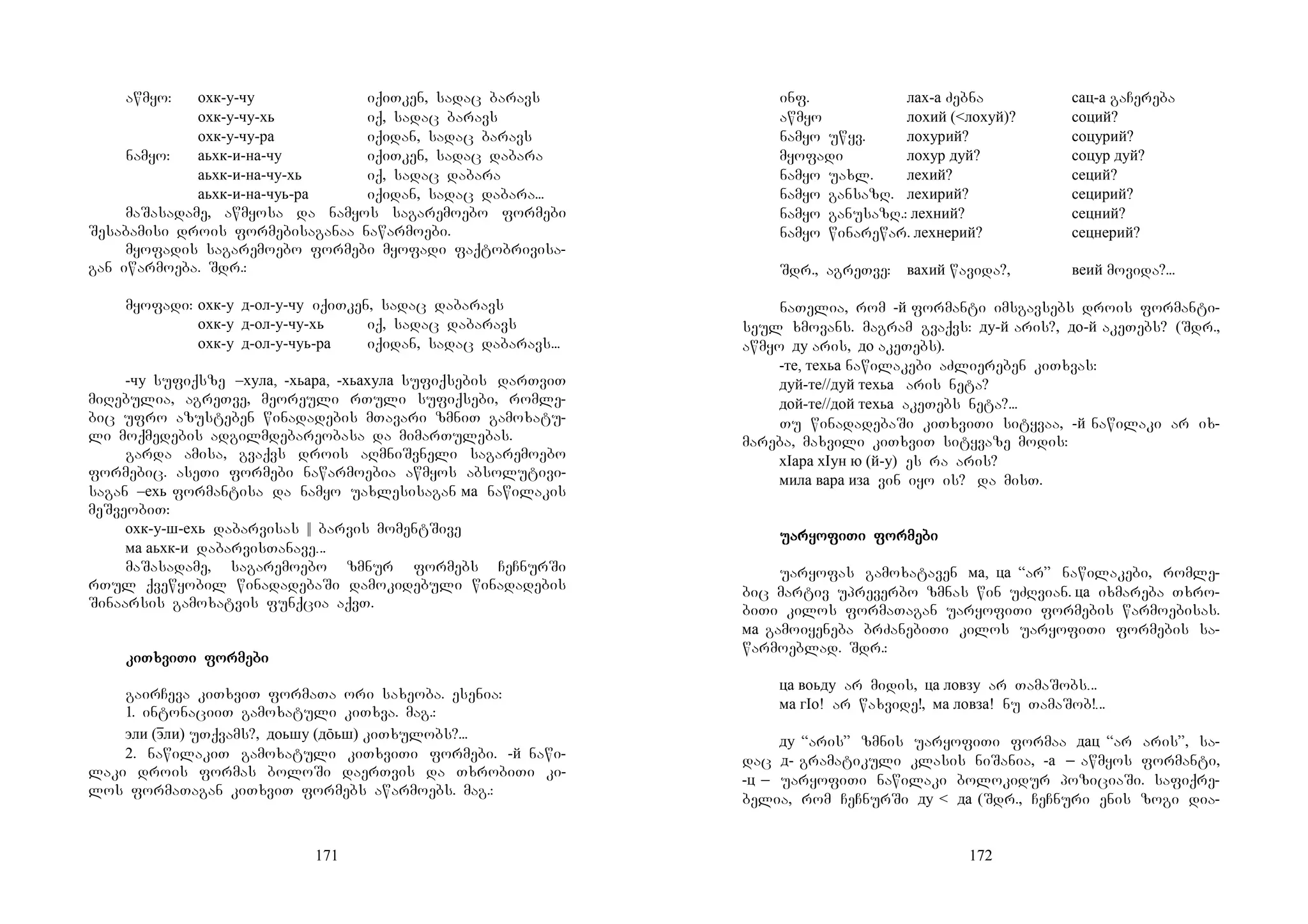 171
awmyo: охк-у-чу iqiTken, sadac baravs
охк-у-чу-хь iq, sadac baravs
охк-у-чу-ра iqidan, sadac baravs
namyo: аьхк-и-на-чу iqiTken, sadac dabara
аьхк-и-на-чу-хь iq, sadac dabara
аьхк-и-на-чуь-ра iqidan, sadac dabara...
maSasadame, awmyosa da namyos sagaremoebo formebi
Sesabamisi drois formebisaganaa nawarmoebi.
myofadis sagaremoebo formebi myofadi faqtobrivisa-
gan iwarmoeba. Sdr.:
myofadi: охк-у д-ол-у-чу iqiTken, sadac dabaravs
охк-у д-ол-у-чу-хь iq, sadac dabaravs
охк-у д-ол-у-чуь-ра iqidan, sadac dabaravs...
-чу sufiqsze –хула, -хьара, -хьахула sufiqsebis darTviT
miRebulia, agreTve, meoreuli rTuli sufiqsebi, romle-
bic ufro azusteben winadadebis mTavari zmniT gamoxatu-
li moqmedebis adgilmdebareobasa da mimarTulebas.
garda amisa, gvaqvs drois aRmniSvneli sagaremoebo
formebic. aseTi formebi nawarmoebia awmyos absolutivi-
sagan –ехь formantisa da namyo uaxlesisagan ма nawilakis
meSveobiT:
охк-у-ш-ехь dabarvisas || barvis momentSive
ма аьхк-и dabarvisTanave...
maSasadame, sagaremoebo zmnur formebs CeCnurSi
rTul qvewyobil winadadebaSi damokidebuli winadadebis
Sinaarsis gamoxatvis funqcia aqvT.
kikikikiTxviTxviTxviTxviTi forTi forTi forTi formemememebibibibi
gairCeva kiTxviT formaTa ori saxeoba. esenia:
1. intonaciiT gamoxatuli kiTxva. mag.:
эли (эɸли) uTqvams?, доьшу (дōьш) kiTxulobs?...
2. nawilakiT gamoxatuli kiTxviTi formebi. -й nawi-
laki drois formas boloSi daerTvis da TxrobiTi ki-
los formaTagan kiTxviT formebs awarmoebs. mag.:
172
inf. лах-а Zebna сац-а gaCereba
awmyo лохий (<лохуй)? соций?
namyo uwyv. лохурий? соцурий?
myofadi лохур дуй? соцур дуй?
namyo uaxl. лехий? сеций?
namyo gansazR. лехирий? сецирий?
namyo ganusazR.: лехний? сецний?
namyo winarewar. лехнерий? сецнерий?
Sdr., agreTve: вахий wavida?, веий movida?...
naTelia, rom -й formanti imsgavsebs drois formanti-
seul xmovans. magram gvaqvs: ду-й aris?, до-й akeTebs? (Sdr.,
awmyo ду aris, до akeTebs).
-те, техьа nawilakebi aZliereben kiTxvas:
дуй-те//дуй техьа aris neta?
дой-те//дой техьа akeTebs neta?...
Tu winadadebaSi kiTxviTi sityvaa, -й nawilaki ar ix-
mareba, maxvili kiTxviT sityvaze modis:
хIара хIун ю (й-у) es ra aris?
мила вара иза vin iyo is? da misT.
uaruaruaruaryoyoyoyofifififiTiTiTiTi forforforformemememebibibibi
uaryofas gamoxataven ма, ца “ar” nawilakebi, romle-
bic martiv upreverbo zmnas win uZRvian. ца ixmareba Txro-
biTi kilos formaTagan uaryofiTi formebis warmoebisas.
ма gamoiyeneba brZanebiTi kilos uaryofiTi formebis sa-
warmoeblad. Sdr.:
ца воьду ar midis, ца ловзу ar TamaSobs...
ма гIо! ar waxvide!, ма ловза! nu TamaSob!...
ду “aris” zmnis uaryofiTi formaa дац “ar aris”, sa-
dac д- gramatikuli klasis niSania, -а _ awmyos formanti,
-ц _ uaryofiTi nawilaki bolokidur poziciaSi. safiqre-
belia, rom CeCnurSi ду < да (Sdr., CeCnuri enis zogi dia-
 
