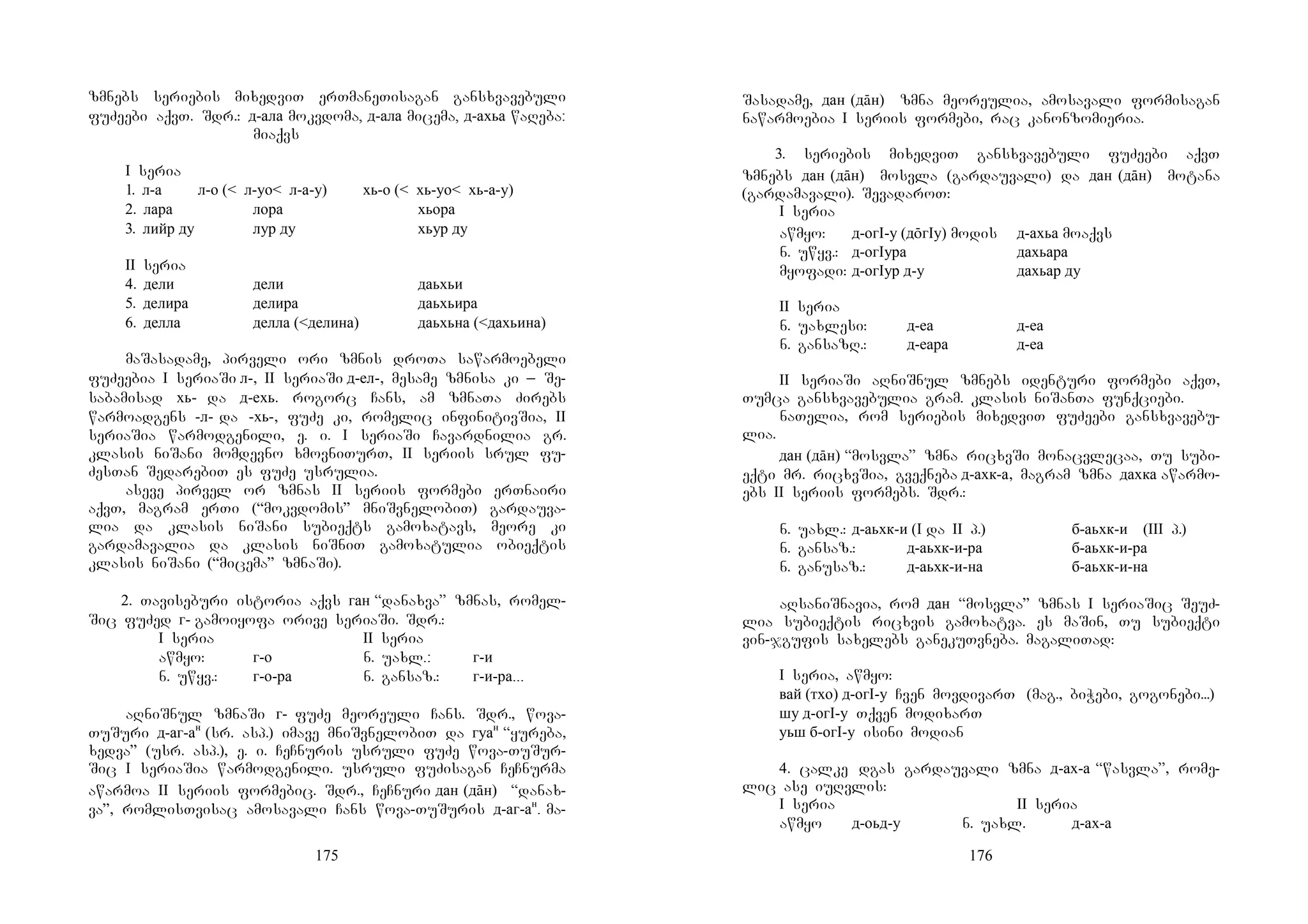 175
zmnebs seriebis mixedviT erTmaneTisagan gansxvavebuli
fuZeebi aqvT. Sdr.: д-ала mokvdoma, д-ала micema, д-ахьа waReba:
miaqvs
I seria
1. л-а л-о (< л-уо< л-а-у) хь-о (< хь-уо< хь-а-у)
2. лара лора хьора
3. лийр ду лур ду хьур ду
II seria
4. дели дели даьхьи
5. делира делира даьхьира
6. делла делла (<делина) даьхьна (<дахьина)
maSasadame, pirveli ori zmnis droTa sawarmoebeli
fuZeebia I seriaSi л-, II seriaSi д-ел-, mesame zmnisa ki _ Se-
sabamisad хь- da д-ехь. rogorc Cans, am zmnaTa Zirebs
warmoadgens -л- da -хь-, fuZe ki, romelic infinitivSia, II
seriaSia warmodgenili, e. i. I seriaSi Cavardnilia gr.
klasis niSani momdevno xmovniTurT, II seriis srul fu-
ZesTan SedarebiT es fuZe usrulia.
aseve pirvel or zmnas II seriis formebi erTnairi
aqvT, magram erTi (“mokvdomis” mniSvnelobiT) gardauva-
lia da klasis niSani subieqts gamoxatavs, meore ki
gardamavalia da klasis niSniT gamoxatulia obieqtis
klasis niSani (“micema” zmnaSi).
2. Taviseburi istoria aqvs ган “danaxva” zmnas, romel-
Sic fuZed г- gamoiyofa orive seriaSi. Sdr.:
I seria II seria
awmyo: г-о n. uaxl.: г-и
n. uwyv.: г-о-ра n. gansaz.: г-и-ра...
aRniSnul zmnaSi г- fuZe meoreuli Cans. Sdr., wova-
TuSuri д-аг-ан
(sr. asp.) imave mniSvnelobiT da гуан
“yureba,
xedva” (usr. asp.), e. i. CeCnuris usruli fuZe wova-TuSur-
Sic I seriaSia warmodgenili. usruli fuZisagan CeCnurma
awarmoa II seriis formebic. Sdr., CeCnuri дан (дāн) “danax-
va”, romlisTvisac amosavali Cans wova-TuSuris д-аг-ан
. ma-
176
Sasadame, дан (дāн) zmna meoreulia, amosavali formisagan
nawarmoebia I seriis formebi, rac kanonzomieria.
3. seriebis mixedviT gansxvavebuli fuZeebi aqvT
zmnebs дан (дāн) mosvla (gardauvali) da дан (дāн) motana
(gardamavali). SevadaroT:
I seria
awmyo: д-огI-у (дōгIу) modis д-ахьа moaqvs
n. uwyv.: д-огIура дахьара
myofadi: д-огIур д-у дахьар ду
II seria
n. uaxlesi: д-еа д-еа
n. gansazR.: д-еара д-еа
II seriaSi aRniSnul zmnebs identuri formebi aqvT,
Tumca gansxvavebulia gram. klasis niSanTa funqciebi.
naTelia, rom seriebis mixedviT fuZeebi gansxvavebu-
lia.
дан (дāн) “mosvla” zmna ricxvSi monacvlecaa, Tu subi-
eqti mr. ricxvSia, gveqneba д-ахк-а, magram zmna дахка awarmo-
ebs II seriis formebs. Sdr.:
n. uaxl.: д-аьхк-и (I da II p.) б-аьхк-и (III p.)
n. gansaz.: д-аьхк-и-ра б-аьхк-и-ра
n. ganusaz.: д-аьхк-и-на б-аьхк-и-на
aRsaniSnavia, rom дан “mosvla” zmnas I seriaSic SeuZ-
lia subieqtis ricxvis gamoxatva. es maSin, Tu subieqti
vin-jgufis saxelebs ganekuTvneba. magaliTad:
I seria, awmyo:
вай (тхо) д-огI-у Cven movdivarT (mag., biWebi, gogonebi...)
шу д-огI-у Tqven modixarT
уьш б-огI-у isini modian
4. calke dgas gardauvali zmna д-ах-а “wasvla”, rome-
lic ase iuRvlis:
I seria II seria
awmyo д-оьд-у n. uaxl. д-ах-а
 