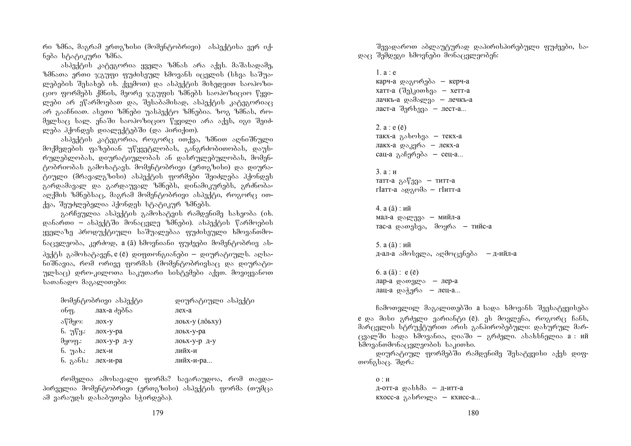179
ri zmna, magram erTgzisi (momentobrivi) aspeqtisa ver iq-
neba statikuri zmna.
aspeqtis kategoria yvela zmnas ara aqvs. maSasadame,
zmnaTa erTi jgufi fuZiseul xmovans icvlis (sxva saSua-
lebebis Sesaxeb ix. qvemoT) da aspeqtis mixedviT saopozi-
cio formebs qmnis, meore jgufis zmnebs saopozicio wyvi-
lebi ar ewarmoebaT da, Sesabamisad, aspeqtis kategoriac
ar gaaCniaT. aseTi zmnebi uaspeqto zmnebia. zog zmnas, ro-
melsac sal. enaSi saopozicio wyvili ara aqvs, igi SeiZ-
leba hqondes dialeqtebSi (da piriqiT).
aspeqtis kategoria, rogorc iTqva, zmniT aRniSnuli
moqmedebis fazebian uwyvetlobas, gangrZobiTobas, daus-
ruleblobas, diuratiulobas an dasrulebulobas, momen-
tobriobas gamoxatavs. momentobrivi (erTgzisi) da diura-
tiuli (mravalgzisi) aspeqtis formebi SeiZleba hqondes
gardamaval da gardauval zmnebs, dinamikurebs, grZnoba-
aRqmis zmnebsac, magram momentobrivi aspeqti, rogorc iT-
qva, SeuZlebelia hqondes statikur zmnebs.
garCeulia aspeqtis gamoxatvis ramdenime saxeoba (ix.
danarTi _ aspeqtSi monacvle zmnebi). aspeqtis warmoebis
yvelaze produqtiuli saSualebaa fuZiseuli xmovanTmo-
nacvleoba, kerZod, а (ā) xmovniani fuZeebi momentobriv as-
peqts gamoxataven, е () difTongianebi _ diuratiuls. aRsa-
niSnavia, rom orive formas (momentobrivsac da diurati-
ulsac) dro-kiloTa sakuTari sistemebi aqvT. moviyvanoT
saTanado magaliTebi:
momentobrivi aspeqti diuratiuli aspeqti
inf. лах-а Zebna лех-а
awmyo: лох-у лоьх-у (лōьху)
n. uwy.: лох-у-ра лоьх-у-ра
myof.: лох-у-р д-у лоьх-у-р д-у
n. uax.: лех-и лийх-и
n. gans.: лех-и-ра лийх-и-ра...
romelia amosavali forma? savaraudoa, rom Tavda-
pirvelia momentobrivi (erTgzisi) aspeqtis forma (Tumca
am varauds dasabuTeba sWirdeba).
180
SevadaroT ablauturad dapirispirebuli fuZeebi, sa-
dac Semdegi xmovnebi monacvleoben:
1. а : е
карч-а dagoreba _ керч-а
хатт-а (Se)kiTxva _ хетт-а
лачкъ-а damalva _ лечкъ-а
ласт-а Serxeva _ лест-а...
2. а : е ()
такх-а gaxoxva _ текх-а
лакх-а dakvra _ лекх-а
сац-а gaCereba _ сец-а...
3. а : и
татт-а gaweva _ титт-а
гIатт-а adgoma _ гIитт-а
4. а (ā) : ий
мал-а daleva _ мийл-а
тас-а daTesva, moyra _ тийс-а
5. а (ā) : ий
д-ал-а amosvla, aRmoceneba _ д-ийл-а
6. а (ā) : е ()
лар-а daTvla _ лер-а
лац-а daWera _ лец-а...
CamoTvlil magaliTebSi а sada xmovans Seesatyviseba
е da misi grZeli varianti (). es movlena, rogorc Cans,
marcvlis struqturiT aris ganpirobebuli: daxurul mar-
cvalSi sada xmovania, RiaSi _ grZeli. asaxsnelia а : ий
xmovanTmonacvleobis sakiTxi.
diuratiul formebSi ramdenime Sesatyvisi aqvs dif-
Tongsac. Sdr.:
о : и
д-отт-а dasxma _ д-итт-а
кхосс-а gasrola _ кхисс-а...
 