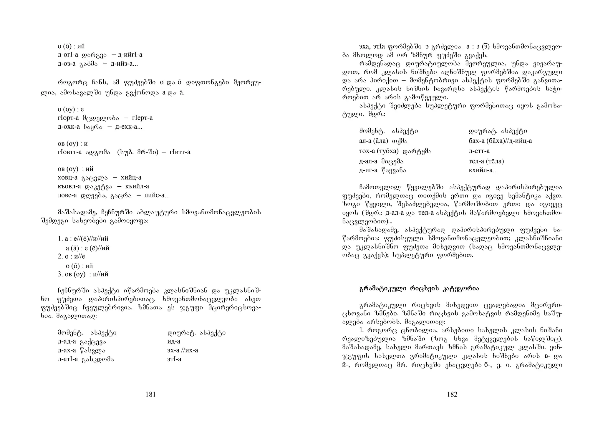 181
о (ō) : ий
д-огI-а dargva _ д-ийгI-а
д-оз-а gabma _ д-ийз-а...
rogorc Cans, am fuZeebSi о da ō difTongebi meoreu-
lia, amosavalSi unda gvqonoda а da ā.
о (оу) : е
гIорт-а mcdeloba _ гIерт-а
д-охк-а Cayra _ д-ехк-а...
ов (оу) : и
гIовтт-а adgoma (sub. mr-Si) _ гIитт-а
ов (оу) : ий
ховц-а gacvla _ хийц-а
къовл-а daketva _ къийл-а
ловс-а dRveba, gacra _ лийс-а...
maSasadame, CeCnurSi ablauturi xmovanTmonacvleobis
Semdegi saxeobebi gamoiyofa:
1. а : е//()//и//ий
а (ā) : е ()//ий
2. о : и//е
о (ō) : ий
3. ов (оу) : и//ий
CeCnurSi aspeqti iwarmoeba klasniSnian da uklasniS-
no fuZeTa dapirispirebiTac. xmovanTmonacvleoba aseT
fuZeebSic Cveulebrivia. zmnaTa es jgufi mcirericxova-
nia. magaliTad:
moment. Aaspeqti diurat. aspeqti
д-ад-а gaqceva ид-а
д-ах-а wasvla эх-а //их-а
д-атI-а gaskdoma этI-а
182
эха, этIа formebSi э grZelia. а : э (эɸ) xmovanTmonacvleo-
ba mxolod am or zmnur fuZeSi gvaqvs.
ramdenadac diuratiuloba meoreulia, unda vivarau-
doT, rom klasis niSnebi aRniSnul formebSia dakarguli
da ara piriqiT _ momentobrivi aspeqtis formebSi ganviTa-
rebuli. klasis niSnis Cavardna aspeqtis warmoebis saWi-
roebiT ar aris gamowveuli.
aspeqti SeiZleba supleturi formebiTac iyos gamoxa-
tuli. Sdr.:
moment. Aaspeqti diurat. aspeqti
ал-а (āла) Tqma бах-а (бāха)//д-ийц-а
тох-а (туōха) dartyma д-етт-а
д-ал-а micema тел-а (тла)
д-иг-а wayvana кхийл-а...
CamoTvlil wyvilebSi aspeqturad dapirispirebulia
fuZeebi, romelTac TiTqmis erTi da igive semantika aqvT.
zogi wyvili, SesaZlebelia, warmoSobiT erTi da igivec
iyos (Sdr.: д-ал-а da тел-а aspeqtis mawarmoebeli xmovanTmo-
nacvleobiT)...
maSasadame, aspeqturad dapirispirebuli fuZeebi na-
warmoebia: fuZiseuli xmovanTmonacvleobiT; klasniSniani
da uklasniSno fuZeTa mixedviT (sadac xmovanTmonacvle-
obac gvaqvs); supleturi formebiT.
gragragragramamamamatitititikukukukuli rili rili rili ricxvis kacxvis kacxvis kacxvis katetetetegogogogoriariariaria
gramatikuli ricxvis mixedviT cvalebadia mcireri-
cxovani zmnebi. zmnaSi ricxvis gamoxatvis ramdenime saSu-
aleba arsebobs. magaliTad:
1. rogorc cnobilia, arsebiTi saxelis klasis niSani
realizebulia zmnaSi (zog sxva metyvelebis nawilSic).
maSasadame, saxeli marTavs zmnas gramatikul klasSi. vin-
jgufis saxelTa gramatikuli klasis niSnebi aris в- da
й-, romelTac mr. ricxvSi enacvleba б-, e. i. gramatikuli
 