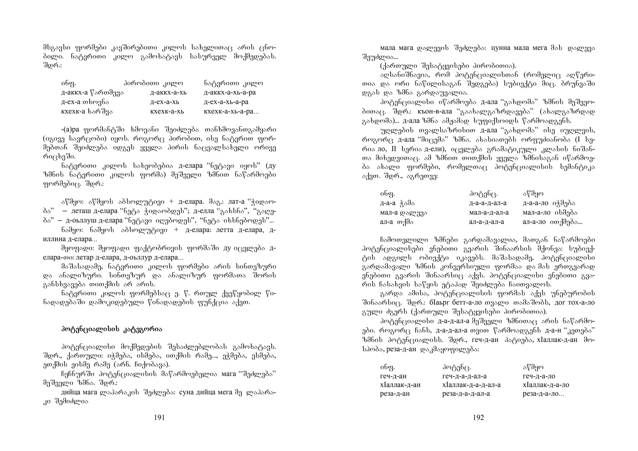191
msgavsi formebi kavSirebiTi kilos saxeliTac aris cno-
bili. natvriTi kilo gamoxatavs sasurvel moqmedebas.
Sdr.:
inf. pirobiTi kilo natvriTi kilo
д-аккх-а warTmeva д-аккх-а-хь д-аккх-а-хь-а-ра
д-ех-а Txovna д-ех-а-хь д-ех-а-хь-а-ра
кхехк-а xarSva кхехк-а-хь кхехк-а-хь-а-ра...
-(а)ра formantSi xmovani SeiZleba TanxmovanTgamyari
(igive savrcobi) iyos. rogorc pirobiT, ise natvriT for-
mebTan SeiZleba idges yvela piris nacvalsaxeli orive
ricxvSi.
natvriTi kilos saxeobebia д-елара “netavi iyos” (ду
zmnis natvriTi kilos forma) meSveli zmniT nawarmoebi
formebic. Sdr.:
awmyo: awmyos absolutivi + д-елара. mag.: лат-а “Widao-
ba” _ леташ д-елара “neta Widaobdes”; д-елла “gaxsna”, “gaRe-
ba” _ д-оьллуш д-елара “netavi iRebodes”, “neta ixsnebodes”...
namyo: namyos absolutivi + д-елара: летта д-елара, д-
иллина д-елара...
myofadi: myofadi faqtobrivis formaSi ду icvleba д-
елара-Ti: летар д-елара, д-оьллур д-елара...
maSasadame, natvriTi kilos formebi aris sinTezuri
da analizuri. sinTezur da analizur formaTa Soris
gansxvaveba TiTqmis ar aris.
natvriTi kilos formebsac e. w. rTul qvewyobil wi-
nadadebaSi damokidebuli winadadebis funqcia aqvT.
popopopotentententenciciciciaaaalilililisis kasis kasis kasis katetetetegogogogoriariariaria
potencialisi moqmedebis SesaZleblobas gamoxatavs.
Sdr., qarTuli: iWmeba, ismeba, iTqmis rame..., eWmeba, esmeba,
eTqmis visme rame (arn. Ciqobava).
CeCnurSi potencialisis mawarmoebelia мага “SeZleba”
meSveli zmna. Sdr.:
дийца мага laparakis SeZleba: суна дийца мега me lapara-
ki SemiZlia
192
мала мага dalevis SeZleba: цунна мала мега mas daleva
SeuZlia...
(qarTuli Sesatyvisebi pirobiTia).
aRsaniSnavia, rom potencialisTan (romelic aRweri-
Tia da ori nawilisagan Sedgeba) subieqti mic. brunvaSi
dgas da zmna gardauvalia.
potencialisi iwarmoeba д-ала “gaxdoma” zmnis meSveo-
biTac. Sdr.: къон-в-ала “gaaxalgazrdaveba” (axalgazrdad
gaxdoma)... д-ала zmna amJamad sufiqsoids warmoadgens.
uRlebis TvalsazrisiT д-ала “gaxdoma” ise iuRlvis,
rogorc д-ала “micema” zmna. axasiaTebs orfuZianoba (I se-
ria ло, II seria д-ели), icvleba gramatikuli klasis niSan-
Ta mixedviTac. am zmniT TiTqmis yvela zmnisagan iwarmoe-
ba axali formebi, romelTac potencialisis semantika
aqvT. Sdr., agreTve:
inf. potenc. awmyo
д-а-а Wama д-а-а-д-ал-а д-а-а-ло iWmeba
мал-а daleva мал-а-д-ал-а мал-а-ло ismeba
ал-а Tqma ал-а-д-ал-а ал-а-ло iTqmeba...
CamoTvlili zmnebi gardamavalia, maTgan nawarmoebi
potencialisebi vnebiTi gvaris Sinaarsis mqonea: subieq-
tis adgils obieqti ikavebs. maSasadame, potencialisi
gardamavali zmnis konversiuli formaa da mas erTgvarad
vnebiTi gvaris Sinaarsic aqvs. potencialisi vnebiTi gva-
ris Casaxvis sawyis etapad SeiZleba CaiTvalos.
garda amisa, potencialisis formas aqvs uneburobis
Sinaarsic. Sdr.: бIаьрг бетт-а-ло Tvali TamaSobs, дог тох-а-ло
guli Zgers (qarTuli Sesatyvisebi pirobiTia).
potencialisi д-а-д-ал-а meSveli zmniTac aris nawarmo-
ebi. rogorc Cans, д-а-д-ал-а TviT warmoadgens д-а-н “keTeba”
zmnis potencialiss. Sdr., геч-д-ан patieba, хIаллак-д-ан mo-
spoba, реза-д-ан dakmayofileba:
inf. potenc. awmyo
геч-д-ан геч-д-а-д-ал-а геч-д-а-ло
хIаллак-д-ан хIаллак-д-а-д-ал-а хIаллак-д-а-ло
реза-д-ан реза-д-а-д-ал-а реза-д-а-ло...
 
