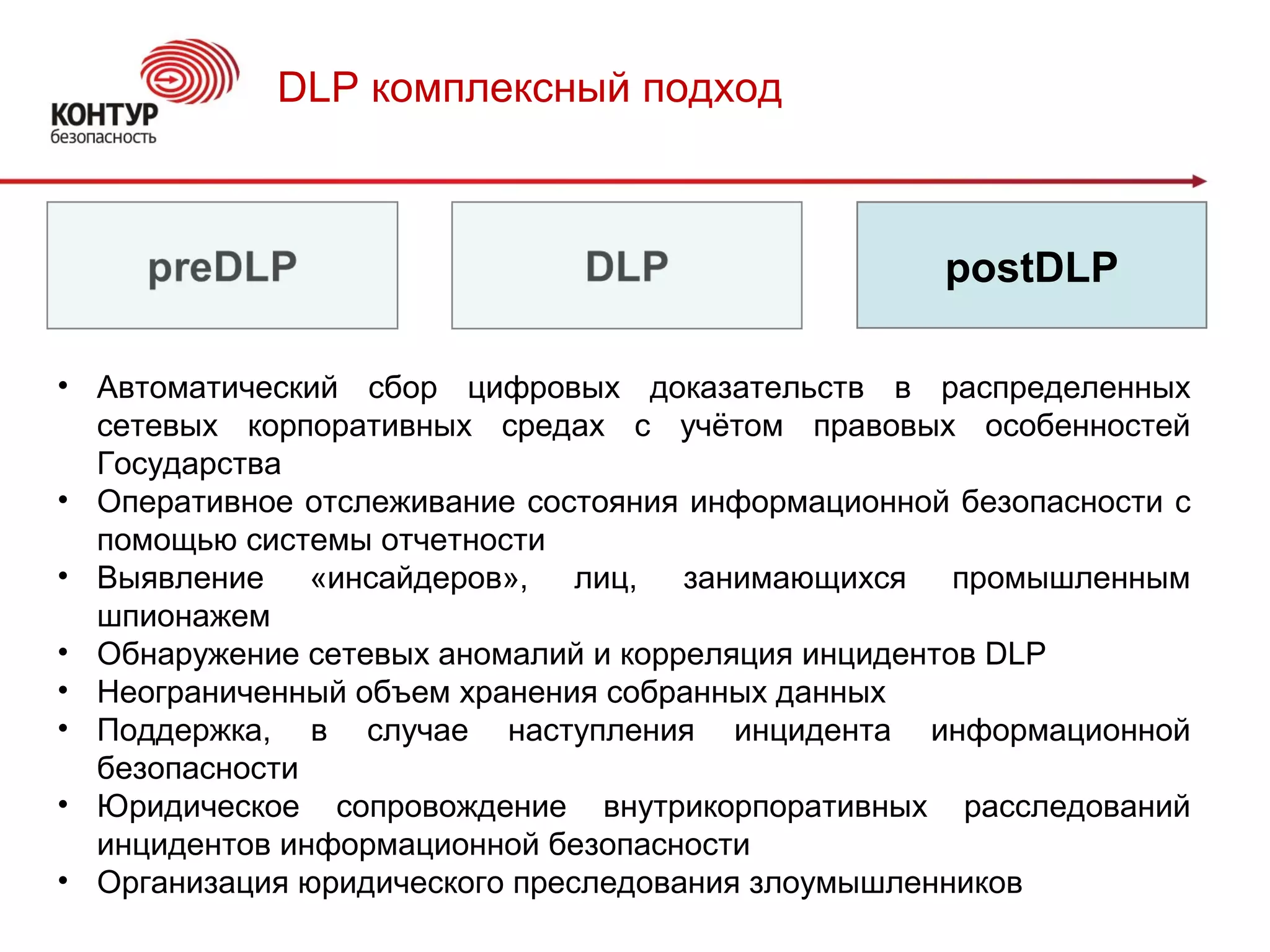 DLP комплексный подход
postDLP
• Автоматический сбор цифровых доказательств в распределенных
сетевых корпоративных средах с учётом правовых особенностей
Государства
• Оперативное отслеживание состояния информационной безопасности с
помощью системы отчетности
• Выявление «инсайдеров», лиц, занимающихся промышленным
шпионажем
• Обнаружение сетевых аномалий и корреляция инцидентов DLP
• Неограниченный объем хранения собранных данных
• Поддержка, в случае наступления инцидента информационной
безопасности
• Юридическое сопровождение внутрикорпоративных расследований
инцидентов информационной безопасности
• Организация юридического преследования злоумышленников
 