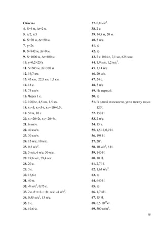 18
Ответы
4. S=4 м, ∆r=2 м.
5. π/2, π/3
6. S=70 м, ∆r=50 м.
7. y=2x
8. S=942 м, ∆r=0 м.
9. S=1000 м, ∆r=800 м.
10. y=0,2+25/x
11. S=503 м, ∆r=320 м.
12. 19,7 км.
13. 45 км, 22,5 км, 1,5 км.
14. 18 с.
15. 75 км/ч
16. Через 1 с.
17. 1080 с, 4,5 км, 1,5 км.
18. x1=5, x2=5-t, x3=-10+0,5t.
19. 50 м, 10 с.
20. x1=20+2t, x3=-20+4t.
21. 6 км/ч.
22. 40 км/ч.
23. 30 км/ч.
24. 15 м/с, 10 м/с.
25. 0,5 м/с2
.
26. 3 м/с, 6 м/с, 30 м/с.
27. 19,6 м/с, 29,4 м/с.
28. 20 с.
29. 3 с.
30. 16,6 с
31. 40 м.
32. -8 м/с2
, 0,75 с.
33. 2м, , м/с, -4 м/с2
.
34. 0,55 м/с2
, 13 м/с.
35. 1 с.
36. 19,6 м.
37. 0,8 м/с2
.
38. 2 с.
39. 14,8 м, 20 м.
40. 5 м/с.
41. ☺
42. ☺
43. 2 с, 0,04 с, 7,1 мс, 625 мкс.
44. 1,9 м/с, 1,2 м/с2
.
45. 3,14 м/с.
46. 20 м/с.
47. 24 с.
48. 5 м/с
49. На первый.
50. ☺
51. В одной плоскости, угол между ними
120˚.
52. 150 Н.
53. 2 м/с.
54. 15 т.
55. 1,5 Н, 0,9 Н.
56. 198 Н.
57. 20˚.
58. 10 м/с2
, 6 Н.
59. 140 Н.
60. 30 Н.
61. 2,7 Н.
62. 1,63 м/с2
.
63. ☺
64. 640 Н.
65. ☺
66. 1,7 нН.
67. 15 Н.
68. 6,5 1023
кг.
69. 500 кг/м3
.
 