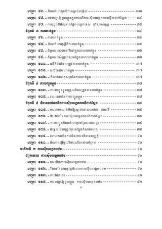 vi
maRta 93>-kMNt;ehtuelIkarsþab;cemøIy-------------------------33
maRta 94>-bTbBa¢a[cUlxøÜnkñúgkrNIkaresIubGegátbTelμIsCak;Esþg-----34
maRta 95>-karRtYtBinitüxagEpñkbec©keTs b¤viTüasaRsþ --------------34
CMBUkTI 3 karXat;xøÜn-------------------------------------------34
maRta 96>-karXat;xøÜn ---------------------------------------34
maRta 97>-kMNt;ehtusþIBIkarXat;xøÜn----------------------------35
maRta 98>-CMnYyrbs;emFavIenAkñúgeBlXat;xøÜn ---------------------36
maRta 99>-CMnYyrbs;RKUeBTüenAkñúgeBlXat;xøÜn --------------------36
maRta 100>-GnItiCnEdlRtUv)anXat;xøÜn ------------------------ 37
maRta 101>-bBa¢IénkarXat;xøÜn -------------------------------- 37
maRta 102>-kMNt;ehtusrubénkarXat;xøÜn ----------------------- 37
CMBUkTI 4 karbBa¢ÚnxøÜn-------------------------------------------38
maRta 103>-karbBa¢ÚnxøÜnbuKÁlEdlRtUv)anXat;xøÜn------------------38
maRta 104>-ry³eBlénkarbBa¢ÚnxøÜn-----------------------------38
CMBUkTI 5 viFanTak;TgnwgkaresIubGegátkrNICak;Esþg --------------------39
maRta 105>-karhamXat;min[sþab;edayÉkÉg CaGaT× --------------39
maRta 106>-firevlaénkaresIubGegátkrNICak;Esþg------------------39
maRta 107>-karbBa¢ÚnkMNt;ehtueTARBHraCGaCJa--------------------39
maRta 108>-nieTÞsEdlRtUvcuHenAkñúgkMNt;ehtu --------------------39
maRta 109>-emaXPaBénkarmineKarBviFanbBaØtþi-------------------- 40
maRta 110>-GMNaceFVImUlvicarN_rbs;ecARkm --------------------- 40
matikaTI 3 karesIubGegátbzm---------------------------------------- 40
CMBUkeTal karesuIbGegátbzm-------------------------------------- 40
maRta 111>-karebIkkaresIubGegátbzm--------------------------- 40
maRta 112>-viFanEdlGnuvtþcMeBaHkaresIubGegátbzm---------------- 40
maRta 113>-karEqkeqr-------------------------------------- 40
maRta 114>-karbBa¢a[cUlxøÜn karesIubGegátbzm------------------42
 