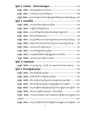 ix
EpñkTI 5 karEqkeqr nigkarcab;ykvtßútag ------------------------- 56
maRta 159>-viFanGnuvtþcMeBaHkarEqkeqr------------------------ 56
maRta 160>-karbiTsøake)aHRtaelIvtßútag -----------------------57
maRta 161>-karRbKl;vtßúEdlcab;yk[eTAm©as;edImvijedayecARkmesIubsYr- 57
EpñkTI 6 ekaslvic½y ----------------------------------------- 58
maRta 162>-PaBcaM)ac;énkareFVIekaslvic½y--------------------- 58
maRta 163>-bBa¢Ifñak;CatiénGñkCMnaj -------------------------- 58
maRta 164>-karcat;taMgGñkCMnajEdlminsßitkñúgbBa¢Ifñak;Cati -------- 58
maRta 165>-dIkacat;taMgGñkCMnaj ---------------------------- 59
maRta 166>-karRtYtBinitüebskkmμrbs;GñkCMnajedayecARkmesIubsYr - 59
maRta 167>-kic©EdlcaM)ac;sRmab;karbMeBjebskkmμrbs;GñkCMnaj--- 59
maRta 168>-r)aykarN_rbs;GñkCMnaj------------------------- 60
maRta 169>-karcat;taMgGñkCMnajeRcInrUb ----------------------- 60
maRta 170>-karCUndMNwgGMBIesckþIsnñidæanénekaslvic½y ---------- 60
maRta 171>-esah‘uysRmab;eFIVekaslvic½y--------------------- 61
EpñkTI 7 karsþab;TUrs½BÞ ---------------------------------------- 61
maRta 172>-karsþab;TUrs½BÞ CaGaT× EdlbgÁab;edayecARkmesIubsYr -- 61
EpñkTI 8 dIkacat;[esIubsYrCMnYs ----------------------------------62
maRta 173>-dIkacat;[esIubsYrCMnYs --------------------------62
maRta 174>-Gtßn½yéndIkacat;[esIubsYrCMnYs -------------------62
maRta 175>-dIkacat;[esIubsYrCMnYsEdlecj[ecARkmmñak;eTot------63
maRta 176>-dIkacat;[esIubsYrCMnYsecj[m®nþInKr)alyutþiFm’ ------63
maRta 177>-karRbtibtþidIkacat;[esIubsYrCMnYsedaym®nþInKr)alyutþiFm’ -63
maRta 178>-kMNt;ehtusþIBIkarRsavRCav nigkarBinitü -------------63
maRta 179>-viFanTak;Tgnwgkarsþab;cemøIyEdleFVIeLIgedaym®nþInKr)al
yutþiFm’-----------------------------------------------------63
maRta 180>-karsþab;cemøIyEdlBMuGaceFVIeLIgedaym®nþInKr)alyutþiFm’ - 64
 