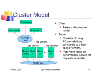 Winter, 2004 CSS490 Fundamentals 10
Cluster Model
 Client
 Takes a client-server
model
 Server
 Consists of many
PC/workstations
connected to a high-
speed network.
 Puts more focus on
performance: serves for
requests in parallel.
100Gbps
LAN
Workstation
Workstation Workstation
Master
node
Slave
1
Slave
N
Slave
2
1Gbps SAN
http server1
http server2
http server N
 