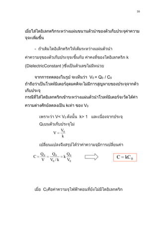 16
-
k
(DielectricConstant )
V0 = Q0 / C0
k V0
V< V0 k> 1
Q0
C0
k
V
V 0
0
0
0
00
V
Q
k
k/V
Q
V
Q
C kCC 0
 