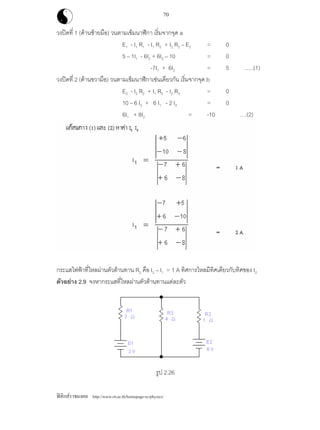 ฟสิกสราชมงคล http://www.rit.ac.th/homepage-sc/physics/
70
วงปดที่ 1 (ดานซายมือ) วนตามเข็มนาฬิกา เริ่มจากจุด a
E1 - I1 R1 - I1 R2 + I2 R2 – E2 = 0
5 – 1I1 - 6I2 + 6I2 – 10 = 0
-7I1 + 6I2 = 5 …..(1)
วงปดที่ 2 (ดานขวามือ) วนตามเข็มนาฬิกาเชนเดียวกัน เริ่มจากจุด b
E2 - I2 R2 + I1 R2 - I2 R3 = 0
10 – 6 I2 + 6 I1 - 2 I2 = 0
6I1 + 8I2 = -10 ….(2)
กระแสไฟฟาที่ไหลผานตัวตานทาน R2 คือ I2 – I1 = 1 A ทิศการไหลมีทิศเดียวกับทิศของ I2
ตัวอยาง 2.9 จงหากระแสที่ไหลผานตัวตานทานแตละตัว
รูป 2.26
 