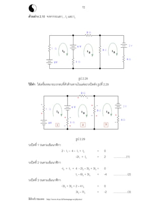 ฟสิกสราชมงคล http://www.rit.ac.th/homepage-sc/physics/
72
ตัวอยาง 2.10 จงหากระแส I1 , I2 และ I3
รูป 2.28
วิธีทํา ใสเครื่องหมายบวกลบที่ตัวตานทานในแตละวงปดดัง รูปที่ 2.29
รูป 2.29
วงปดที่ 1 วนตามเข็มนาฬิกา
2 - I1 – 4 – I1 + I2 = 0
-2I1 + I2 = 2 …………..(1)
วงปดที่ 2 วนตามเข็มนาฬิกา
-I2 + I1 + 4 - 2I2 – 3I2 + 3I3 = 0
I1 – 6I2 + 3I3 = -4 ……………(2)
วงปดที่ 3 วนตามเข็มนาฬิกา
-3I3 + 3I2 + 2 – 4 I3 = 0
3I2 – 7I3 = -2 ……………(3)
 