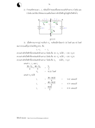 ฟสิกสราชมงคล http://www.rit.ac.th/homepage-sc/physics/
76
2) กําหนดทิศกระแส I1 , I2 พรอมทั้งกําหนดเครื่องหมายบนตัวตานทาน 4 โอหม และ
5 โอหม (อยาลืมวาทิศของกระแสตองไหลจากศักยไฟฟาสูงไปสูศักยไฟฟาต่ํา)
รูป 2.31
3). เมื่อพิจารณาจากรูป จะเห็นวา VB จะตองมีคานอยกวา 30 โวลต และ 40 โวลต
สมการกระแสที่จุด B โดยใชกฎ KCL คือ
I1 + I2 = I3
ความตางศักยไฟฟาที่ตกครอมตัวตานทาน 4 โอหม คือ 30 - VB จะได I1 = (30 - VB)/4
ความตางศักยไฟฟาที่ตกครอมตัวตานทาน 5 โอหม คือ 40 - VB จะได I2 = (40 - VB)/5
ความตางศักยไฟฟาที่ตกครอมตัวตานทาน 7 โอหม คือ VB จะได I3 = VB/2
แทนคา I1 , I2 และ I3
30
4
40
5
−
+
−V VB B
=
V
2
B
VB = 16.32 โวลต
แทนคา VB จะได
I1 =
30 1632
4
− .
= 3.42 แอมแปร
I2 =
40 1632
5
− .
= 4.74 แอมแปร
I3 =
1632
2
.
= 8.16 แอมแปร
 