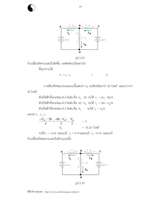 ฟสิกสราชมงคล http://www.rit.ac.th/homepage-sc/physics/
77
รูป 2.32
ถาเปลี่ยนทิศกระแสเปนทิศอื่น ผลลัพธจะเปนอยางไร
ที่จุด B จะได
-I1 + I2 - I3 = 0
การเลือกทิศของกระแสแบบนี้แสดงวา VB จะตองนอยกวา 40 โวลต และมากกวา
30 โวลต
ศักยไฟฟาที่ตกครอม R 4 โอหม คือ VB - 30 จะได I1 = (VB - 30)/4
ศักยไฟฟาที่ตกครอม R 5 โอหม คือ 40 - VB จะได I2 = (40 - VB)/5
ศักยไฟฟาที่ตกครอม R 2 โอหม คือ VB จะได I3 = VB/2
แทนคา I1 , I2 , I3
− −
+
−
−
( ) ( )V V VB B B30
4
40
5 2
= 0
VB = 16.32 โวลต
จะได I1 = -3.42 แอมแปร, I2 = 4.74 แอมแปร , I3 = 8.16 แอมแปร
ถาเปลี่ยนทิศของกระแสเปนอีกแบบหนึ่ง
รูป 2.33
 