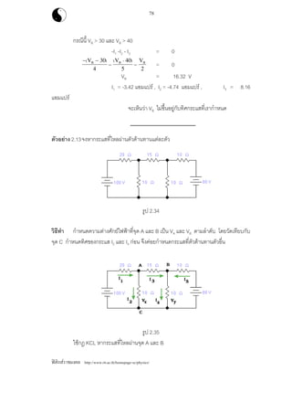 ฟสิกสราชมงคล http://www.rit.ac.th/homepage-sc/physics/
78
กรณีนี้ VB > 30 และ VB > 40
-I1 -I2 - I3 = 0
− −
− −
( ) ( - )V V VB B B30
4
40
5 2
= 0
VB = 16.32 V
I1 = -3.42 แอมแปร , I2 = -4.74 แอมแปร , I3 = 8.16
แอมแปร
จะเห็นวา VB ไมขึ้นอยูกับทิศกระแสที่เรากําหนด
ตัวอยาง 2.13จงหากระแสที่ไหลผานตัวตานทานแตละตัว
รูป 2.34
วิธีทํา กําหนดความตางศักยไฟฟาที่จุด A และ B เปน VA และ VB ตามลําดับ โดยวัดเทียบกับ
จุด C กําหนดทิศของกระแส I2 และ I4 กอน จึงคอยกําหนดกระแสที่ตัวตานทานตัวอื่น
รูป 2.35
ใชกฎ KCL หากระแสที่ไหลผานจุด A และ B
 