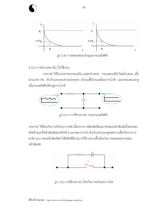 ฟสิกสราชมงคล http://www.rit.ac.th/homepage-sc/physics/
83
รูป 2.40 การลดลงของประจุและกระแสไฟฟา
2.5.2 การนําวงจร RC ไปใชงาน
วงจร RC ใชในวงจรกรองกระแสใน แหลงจายตรง กระแสตรงมีคาไมสม่ําเสมอ เมื่อ
ผานวงจร RC ตัวเก็บประจุจะคายประจุตรง บริเวณที่มีกระแสนอยกวาปกติ และจะสะสมประจุ
เมื่อกระแสไฟฟามีคาสูงกวาปกติ
รูป 2.41 การใชวงจร RC กรองกระแสไฟฟา
วงจร RC ใชปองกันการเกิดประกายไฟ เนื่องจากการสัมผัสหรือแยกกันของหนาสัมผัสทั้งสองของ
สวิตช ขณะที่หนาสัมผัสของสวิตช S แยกออกจากกัน ตัวเก็บประจุจะดูดพลังงานซึ่งเกิดจากการ
อารค (arc) ของหนาสัมผัสทําใหสวิตชมีอายุการใชงานนานขึ้นปองกันการหลอมละลายของ
หนาสัมผัส
รูป 2.42 การใชวงจร RC ปองกันการเกิดประกายไฟ
 
