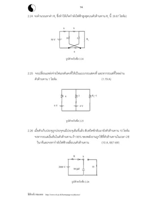 ฟสิกสราชมงคล http://www.rit.ac.th/homepage-sc/physics/
94
2.24 จงคํานวณหาคา RL ซึ่งทําใหเกิดกําลังไฟฟาสูงสุดบนตัวตานทาน RL นี้ (6.67 โอหม)
2.25 จงเปลี่ยนแหลงจายไฟแรงดันคงที่ใหเปนแบบกระแสคงที่ และหากระแสที่ไหลผาน
ตัวตานทาน 1 โอหม (1.79 A)
2.26 เมื่อตัวเก็บประจุถูกประจุจนมีประจุเต็มที่แลว สับสวิตชกลับมายังตัวตานทาน 10 โอหม
จงหากระแสเริ่มตนในตัวตานทาน ถา 95% ของพลังงานถูกใชที่ตัวตานทานในเวลา 2τ
วินาทีและจงหากําลังไฟฟาเฉลี่ยบนตัวตานทาน (10 A, 667 kW)
รูปสําหรับขอ 2.25
รูปสําหรับขอ 2.26
3 RL=14
4 V
รูปสําหรับขอ 2.24
6 V
50 V
6 8
510
4
RL
S
2000 V 10
80 µF
R
 