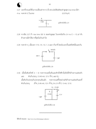 ฟสิกสราชมงคล http://www.rit.ac.th/homepage-sc/physics/
95
2.27 เวลาที่กระแสใชในการเปลี่ยนคาจาก 0 ถึง 90 เปอรเซ็นตของคาสูงสุด (rise time) มีคา
4 ns จงหาคา C ในวงจร (0.579 pF)
2.28 จากขอ 2.27 ถา rise time (95 % ของคาสูงสุด) ในวงจรไมเกิน 2.4 ns C = 12 pF ตัว
ตานทานมีคาไดมากที่สุดไมเกินเทาใด
2.29 จงหาคา VC เมื่อเวลา 1/10, 1/5, 1/2, 1, 2 และ 5 วินาที โดยนับเวลาตั้งแตสวิตชเริ่มแตะกัน
2.30 เมื่อเริ่มสับสวิตช (t = 0) จงหากระแสเริ่มตนและศักยไฟฟาเริ่มตนที่ตัวตานทานแตละตัว
และ ตัวเก็บประจุ ( 0.48 mA, 12 V ที่ R1 และ R2)
เมื่อตัวเก็บประจุเก็บประจุจนเต็มแลว จงหากระแสที่ไหลผานตัวตานทานแตละตัวและที่
ตัวเก็บประจุ (ที่ R1 0.48 mA, 12 V ที่ R2 0 A, 0 V ที่ C 0 mA, 12 V)
รูปสําหรับขอ 2.27
รูปสําหรับขอ 2.29
รูปสําหรับขอ 2.30
R
3 kΩ
C
560 kΩ
200 V
2 µF
12 V
1 µF
R1
25 kΩ
R2 = 25 kΩ
 
