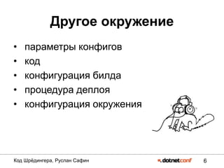 6Код Шрѐдингера, Руслан Сафин
Другое окружение
• параметры конфигов
• код
• конфигурация билда
• процедура деплоя
• конфигурация окружения
 