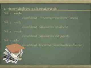 2. เก็บอาหารให้อยู่ได้นาน ๆ (ต้องตอบให้ครบทุกวิธี)
วิธีที่ 1 ดองเค็ม
เกณฑ์ที่เลือกใช้ รักษาสภาพความสดของอาหารให้นานๆ
วิธีที่ 2 รมควัน
เกณฑ์ที่เลือกใช้ เพื่อถนอมอาหารไว้กินได้นานๆ
วิธีที่ 3 ตากแห้ง
เกณฑ์ที่เลือกใช้ เพื่อถนอมอาหารไม่ให้บูดเน่าเสีย
วิธีที่ 4 แช่แข็ง
เกณฑ์ที่เลือกใช้ รักษาสภาพอาหารสดที่ต้องใช้ความเย็นเข้าช่วย
 