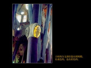 立柱的分支部位裝有照明燈，
有素色的，也有彩色的。
 