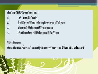 ประโยชน์ที่ได้รับจากโครงงาน
1. สร้างแนวคิดใหม่ ๆ
2. สื่อให้สังคมได้มองเห็นพฤติกรรมของนักศึกษา
3. ประยุกต์ใช้โปรแกรมได้หลากหลาย
4. เพิ่มทักษะในการใช้โปรแกรมให้กับตัวเอง
วิธีดาเนินงาน
เขียนเป็นลาดับขั้นตอนในการปฏิบัติงาน พร้อมตาราง Gantt chart
 