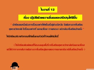 ใบงานที่ 12
เรื่อง ปฏิบัติด้วยความชื่นชมและปรับปรุงให้ดีขึ้น
“ นักเรียนคนหนึ่งต้องการซื้อของฝากให้เพื่อนที่อยู่ต่างจังหวัด จึงเดินทางจากโรงเรียน
ยุพราชวิทยาลัย ไปซื้อของฝากที่ ตลาดวโรรส (กาดหลวง) แล้วกลับมาโรงเรียนอีกครั้ง “
ให้นักเรียนอธิบายกิจกรรมที่เกิดขึ้นตามหัวข้อที่กาหนดให้ต่อไปนี้
( ให้นักเรียนพิมพ์แผนที่ที่ครอบคลุมพื้นที่จากโรงเรียนยุพราชวิทยาลัยกับตลาดวโรรส
แล้วใช้ปากกาลากเส้นการเดินทางจากโรงเรียนสู่ตลาดและจากตลาดกลับมายังโรงเรียนอีกครั้ง )
 