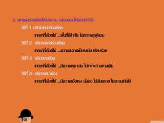 3. ตกแต่งห้องเรียนให้สวยงาม (ต้องตอบให้ครบทุกวิธี)
วิธีที่ 1 บริเวณหน้าห้องเรียน
เกณฑ์ที่เลือกใช้ ...พื้นที่มีจากัด ไม่เกะกะครูผู้สอน
วิธีที่ 2 บริเวณหลังห้องเรียน
เกณฑ์ที่เลือกใช้ ...ความสะอาดเป็นระเบียบเรียบร้อย
วิธีที่ 3 บริเวณระเบียง
เกณฑ์ที่เลือกใช้ ...มีความเหมาะสม ไม่เกะกะขวางทางเดิน
วิธีที่ 4 บริเวณหน้าต่าง
เกณฑ์ที่เลือกใช้ ...มีความแข็งแรง มั่นคง ไม่อันตราย ไม่รกจนเกินไป
 