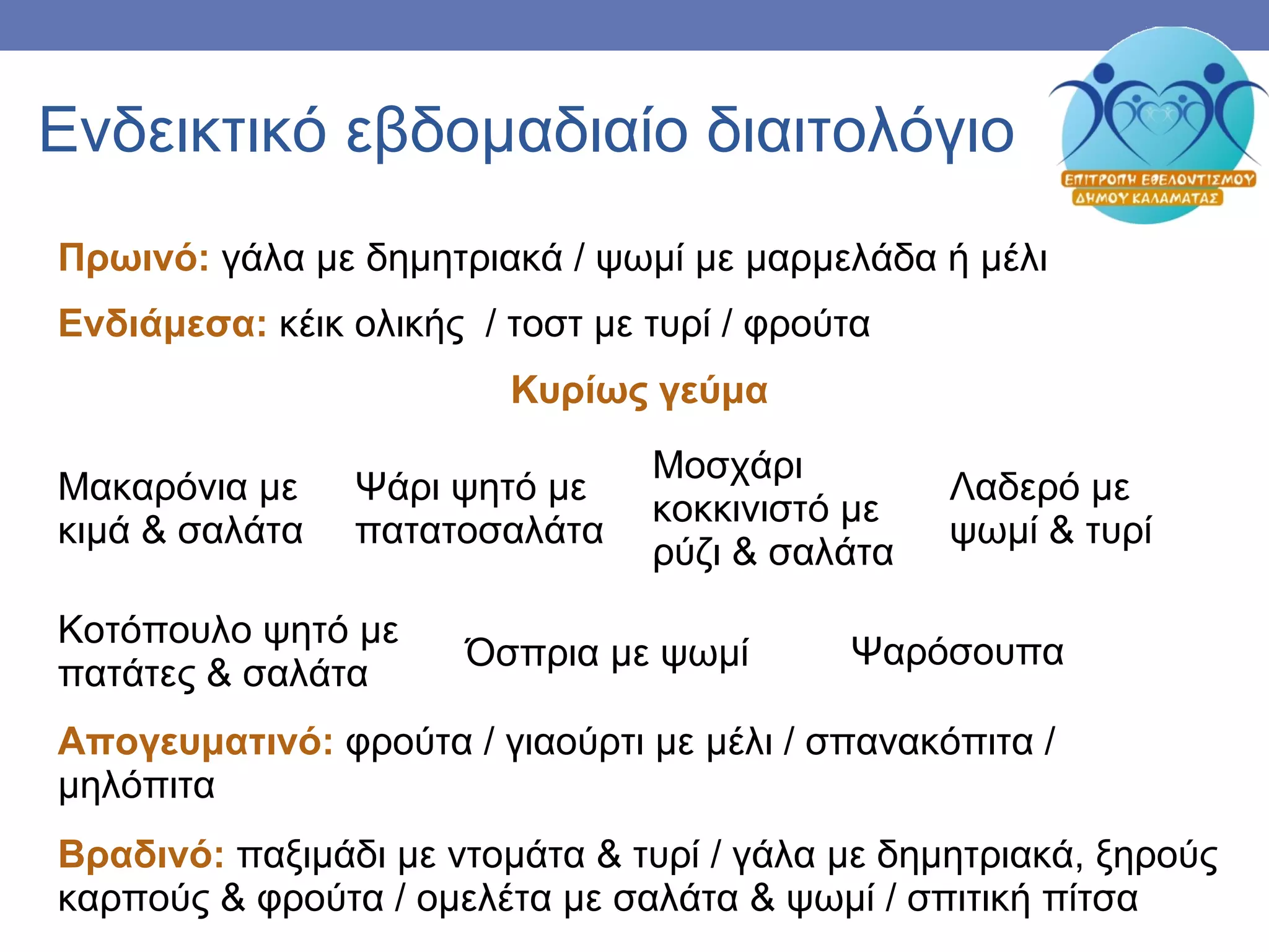 Ενδεικτικό εβδομαδιαίο διαιτολόγιο
Πρωινό: γάλα με δημητριακά / ψωμί με μαρμελάδα ή μέλι
Ενδιάμεσα: κέικ ολικής / τοστ με τυρί / φρούτα
Κυρίως γεύμα
Μακαρόνια με
κιμά & σαλάτα
Ψάρι ψητό με
πατατοσαλάτα
Μοσχάρι
κοκκινιστό με
ρύζι & σαλάτα
Λαδερό με
ψωμί & τυρί
Κοτόπουλο ψητό με
πατάτες & σαλάτα
Όσπρια με ψωμί Ψαρόσουπα
Απογευματινό: φρούτα / γιαούρτι με μέλι / σπανακόπιτα /
μηλόπιτα
Βραδινό: παξιμάδι με ντομάτα & τυρί / γάλα με δημητριακά, ξηρούς
καρπούς & φρούτα / ομελέτα με σαλάτα & ψωμί / σπιτική πίτσα
 