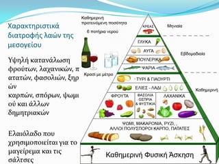 Χαρακτηριστικά
διατροφής λαών της
μεσογείου
Υψηλό κατανϊλωςη
φρούτων, λαχανικών, π
ατατών, φαςολιών, ξηρ
ών
καρπών, ςπόρων, ψωμι
ού και ϊλλων
δημητριακών
Ελαιόλαδο που
χρηςιμοποιεύται για το
μαγεύρεμα και τισ
ςϊλτςεσ
 