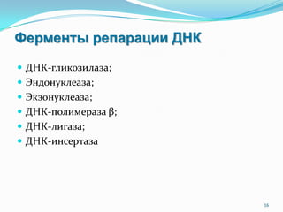 Ферменты репарации ДНК
 ДНК-гликозилаза;
 Эндонуклеаза;
 Экзонуклеаза;
 ДНК-полимераза β;
 ДНК-лигаза;
 ДНК-инсертаза
16
 