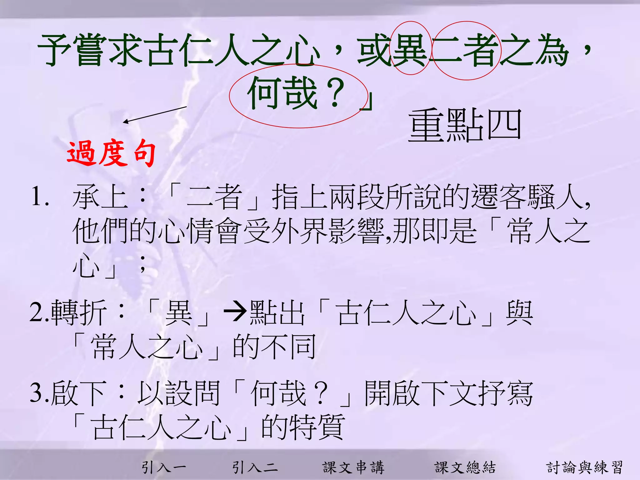 引入一 引入二 課文串講 課文總結 討論與練習
予嘗求古仁人之心，或異二者之為，
何哉？」
1. 承上︰「二者」指上兩段所說的遷客騷人,
他們的心情會受外界影響,那即是「常人之
心」；
2.轉折︰「異」點出「古仁人之心」與
「常人之心」的不同
3.啟下︰以設問「何哉？」開啟下文抒寫
「古仁人之心」的特質
過度句
重點四
 