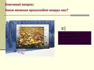 Все изменения
происходящие с
веществами в природе
называются - явлениями
Ключевой вопрос:
Какие явления происходят вокруг нас?
 