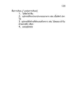 สื่อการเรียน / แหล่งการเรียนรู้
1. ไม้ขีดไฟ ฟืน
2. อุปกรณ์ที่จะนำามาประกอบอาหาร เช่น เนื้อสัตว์ ปลา
ไข่
3 อุปกรณ์ที่สร้างที่พักแรมชั่วคราว เช่น ไม้พลอง ผ้าใบ
ผ้าพลาสติก เชือก
4. แผนภูมิเพลง
120
 