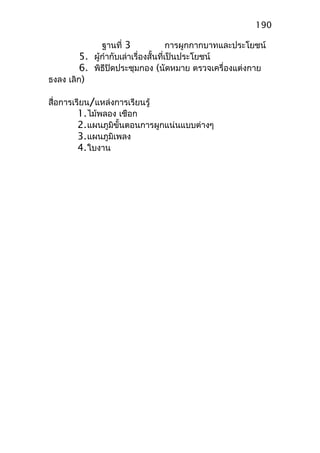 ฐานที่ 3 การผูกกากบาทและประโยชน์
5. ผู้กำากับเล่าเรื่องสั้นที่เป็นประโยชน์
6. พิธีปิดประชุมกอง (นัดหมาย ตรวจเครื่องแต่งกาย
ธงลง เลิก)
สื่อการเรียน/แหล่งการเรียนรู้
1.ไม้พลอง เชือก
2.แผนภูมิขั้นตอนการผูกแน่นแบบต่างๆ
3.แผนภูมิเพลง
4.ใบงาน
190
 