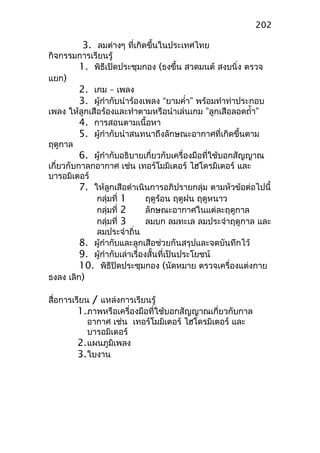 3. ลมต่างๆ ที่เกิดขึ้นในประเทศไทย
กิจกรรมการเรียนรู้
1. พิธีเปิดประชุมกอง (ธงขึ้น สวดมนต์ สงบนิ่ง ตรวจ
แยก)
2. เกม – เพลง
3. ผู้กำากับนำาร้องเพลง “ยามคำ่า” พร้อมทำาท่าประกอบ
เพลง ให้ลูกเสือร้องและทำาตามหรือนำาเล่นเกม ”ลูกเสือลอดถำ้า”
4. การสอนตามเนื้อหา
5. ผู้กำากับนำาสนทนาถึงลักษณะอากาศที่เกิดขึ้นตาม
ฤดูกาล
6. ผู้กำากับอธิบายเกี่ยวกับเครื่องมือที่ใช้บอกสัญญาณ
เกี่ยวกับกาลกอากาศ เช่น เทอร์โมมิเตอร์ ไฮโดรมิเตอร์ และ
บารอมิเตอร์
7. ให้ลูกเสือดำาเนินการอภิปรายกลุ่ม ตามหัวข้อต่อไปนี้
กลุ่มที่ 1 ฤดูร้อน ฤดูฝน ฤดูหนาว
กลุ่มที่ 2 ลักษณะอากาศในแต่ละฤดูกาล
กลุ่มที่ 3 ลมบก ลมทะเล ลมประจำาฤดูกาล และ
ลมประจำาถิ่น
8. ผู้กำากับและลูกเสือช่วยกันสรุปและจดบันทึกไว้
9. ผู้กำากับเล่าเรื่องสั้นที่เป็นประโยชน์
10. พิธีปิดประชุมกอง (นัดหมาย ตรวจเครื่องแต่งกาย
ธงลง เลิก)
สื่อการเรียน / แหล่งการเรียนรู้
1.ภาพหรือเครื่องมือที่ใช้บอกสัญญาณเกี่ยวกับกาล
อากาศ เช่น เทอร์โมมิเตอร์ ไฮโดรมิเตอร์ และ
บารอมิเตอร์
2.แผนภูมิเพลง
3.ใบงาน
202
 
