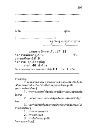 ........................................................................
........................................................................
................................................
ลงชื่อ...............................................ผู้สอน
( ........................................ )
ครู วิทยฐานะครูชำานาญการ
……../…………./…………
แผนการจัดการเรียนรู้ที่ 25
กิจกรรมพัฒนาผู้เรียน ชั้น
ประถมศึกษาปีที่ 6
กิจกรรม ลูกเสือสามัญ
เวลา 40 ชั่วโมง
เรื่อง การทำาความเคารพ การแสดงรหัส การจับมือ (1) เวลา 1 ชั่วโมง
สาระสำาคัญ
การทำาความเคารพ การแสดงรหัส การจับมือ เป็นสิ่งส่ง
เสริมสร้างความมีระเบียบวินัยซึ่งเป็นคุณสมบัติของลูกเสือ
จุดประสงค์การเรียนรู้
1. ทำาความเคารพได้ถูกต้องตามวิธีการและเหมาะสมกับ
โอกาส
2. บอกความหมายของรหัสลูกเสือและแสดงรหัสได้ถูก
ต้อง
3. บอกวิธีปฏิบัติที่แสดงความมีระเบียบวินัยในตนเองได้
สาระการเรียนรู้
1. การทำาความเคารพ
2. การแสดงรหัส
3. การจับมือแบบลูกเสือ
กิจกรรมการเรียนรู้
207
 