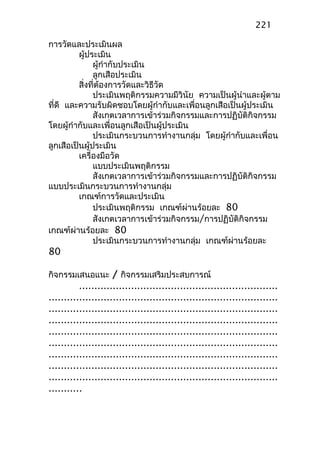 การวัดและประเมินผล
ผู้ประเมิน
ผู้กำากับประเมิน
ลูกเสือประเมิน
สิ่งที่ต้องการวัดและวิธีวัด
ประเมินพฤติกรรมความมีวินัย ความเป็นผู้นำาและผู้ตาม
ที่ดี และความรับผิดชอบโดยผู้กำากับและเพื่อนลูกเสือเป็นผู้ประเมิน
สังเกตเวลาการเข้าร่วมกิจกรรมและการปฏิบัติกิจกรรม
โดยผู้กำากับและเพื่อนลูกเสือเป็นผู้ประเมิน
ประเมินกระบวนการทำางานกลุ่ม โดยผู้กำากับและเพื่อน
ลูกเสือเป็นผู้ประเมิน
เครื่องมือวัด
แบบประเมินพฤติกรรม
สังเกตเวลาการเข้าร่วมกิจกรรมและการปฏิบัติกิจกรรม
แบบประเมินกระบวนการทำางานกลุ่ม
เกณฑ์การวัดและประเมิน
ประเมินพฤติกรรม เกณฑ์ผ่านร้อยละ 80
สังเกตเวลาการเข้าร่วมกิจกรรม/การปฏิบัติกิจกรรม
เกณฑ์ผ่านร้อยละ 80
ประเมินกระบวนการทำางานกลุ่ม เกณฑ์ผ่านร้อยละ
80
กิจกรรมเสนอแนะ / กิจกรรมเสริมประสบการณ์
.................................................................
...........................................................................
...........................................................................
...........................................................................
...........................................................................
...........................................................................
...........................................................................
...........................................................................
...........................................................................
...........
221
 