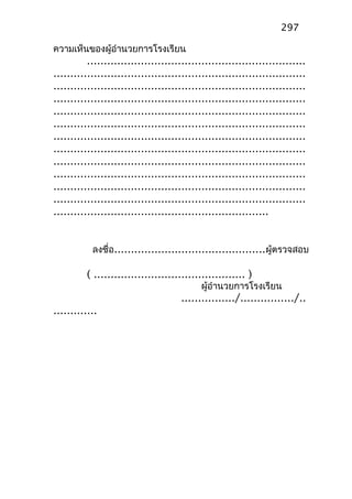 ความเห็นของผู้อำานวยการโรงเรียน
.................................................................
...........................................................................
...........................................................................
...........................................................................
...........................................................................
...........................................................................
...........................................................................
...........................................................................
...........................................................................
...........................................................................
...........................................................................
...........................................................................
................................................................
ลงชื่อ.............................................ผู้ตรวจสอบ
( ............................................. )
ผู้อำานวยการโรงเรียน
................/................/..
.............
297
 