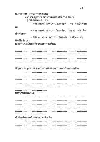 บันทึกผลหลังการจัดการเรียนรู้
ผลการจัดการเรียนรู้ตามจุดประสงค์การเรียนรู้
ลูกเสือทั้งหมด คน
– ผ่านเกณฑ์ การประเมินระดับดี คน คิดเป็นร้อย
ละ
– ผ่านเกณฑ์ การประเมินระดับปานกลาง คน คิด
เป็นร้อยละ
– ไม่ผ่านเกณฑ์ การประเมินระดับปรับปรุง – คน
คิดเป็นร้อยละ
ผลการประเมินพฤติกรรมระหว่างเรียน
.................................................................
...........................................................................
...........................................................................
...........................................................................
...........................................................................
...............................
ปัญหาและอุปสรรคระหว่างการจัดกิจกรรมการเรียนการสอน
.................................................................
...........................................................................
...........................................................................
...........................................................................
...........................................................................
.................................
การปรับปรุงแก้ไข
.................................................................
...........................................................................
...........................................................................
...........................................................................
...........................................................................
.................................
ข้อคิดเห็นและข้อเสนอแนะเพิ่มเติม
.................................................................
...........................................................................
...........................................................................
331
 