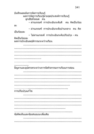 บันทึกผลหลังการจัดการเรียนรู้
ผลการจัดการเรียนรู้ตามจุดประสงค์การเรียนรู้
ลูกเสือทั้งหมด คน
– ผ่านเกณฑ์ การประเมินระดับดี คน คิดเป็นร้อย
ละ
– ผ่านเกณฑ์ การประเมินระดับปานกลาง คน คิด
เป็นร้อยละ
– ไม่ผ่านเกณฑ์ การประเมินระดับปรับปรุง – คน
คิดเป็นร้อยละ
ผลการประเมินพฤติกรรมระหว่างเรียน
.................................................................
...........................................................................
...........................................................................
...........................................................................
..............................
……………...........................................................
................
ปัญหาและอุปสรรคระหว่างการจัดกิจกรรมการเรียนการสอน
.................................................................
...........................................................................
...........................................................................
...........................................................................
..............................................................
……………............................................
การปรับปรุงแก้ไข
.................................................................
...........................................................................
...........................................................................
...........................................................................
.........................................................
…………….................................................
ข้อคิดเห็นและข้อเสนอแนะเพิ่มเติม
.................................................................
...........................................................................
341
 