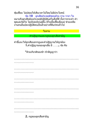 ฟุ่มเฟื่อย ไม่ปล่อยให้เสียเวลาไปโดยไม่มีประโยชน์
ข้อ 10 ลูกเสือประพฤติชอบด้วย กาย วาจา ใจ
หมายถึงลูกเสือต้องประพฤติปฏิบัติแต่ในสิ่งที่ดี ทั้งการกระทำา คำา
พูดและจิตใจ ไม่เบียดเบียนผู้อื่น มีใจเอื้อเฟื้อเผื่อแผ่ ช่วยเหลือ
งานคนอื่นปละปฏิบัติตนเป็นตัวอย่างที่ดีแก่คนทั่วไป
ใบงาน
คำาปฏิญาณและกฎของลูกเสือสามัญ
คำาชี้แจง ให้ลูกเสือบอกกฎและคำาปฏิญาณให้ถูกต้อง
1.คำาปฏิญาณของลูกเสือ มี …….. ข้อ คือ
“ด้วยเกียรติของข้า ข้าสัญญาว่า
……………………………………………………………
…………………
……………………………………………………………
…………………
……………………………………………………………
…………………
……………………………………………………………
…………………
……………………………………………………………
…………………
……………………………………………………………
…………………
2. กฎของลูกเสือสามัญ
36
 