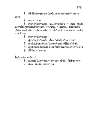 1. พิธีเปิดประชุมกอง (ธงขึ้น สวดมนต์ สงบนิ่ง ตรวจ
แยก)
2. เกม – เพลง
3. เรียกลูกเสือรวมกอง แบ่งลูกเสือเป็น 4 กลุ่ม ลูกเสือ
รับคำาสั่งปฏิบัติกิจกรรมสำารวจบริเวณรอบ ๆโรงเรียน หรือชุมชน
(ที่สามารถดำาเนินการได้ ภายใน 1 ชั่วโมง ) ทำารายงานการเดิน
ทาง สำารวจ
5. เรียกลูกเสือรวมกอง
6. ผู้กำากับเล่าเรื่องสั้น เรื่อง “คำาสั่งเตรียมพร้อม”
7. ลูกเสือเขียนคติสอนใจจากเรื่องสั้นที่ฟังส่งผู้กำากับ
8. ลูกเสือนำาคติสอนใจไปติดที่ป้ายนิเทศหน้าอาคารเรียน
9. พิธีปิดประชุมกอง
สื่อ/แหล่งการเรียนรู้
1. อุปกรณ์ในการเดินทางสำารวจ นำ้าดื่ม ไม้ง่าม ฯลฯ
2. สมุด ดินสอ ปากกา ฯลฯ
379
 