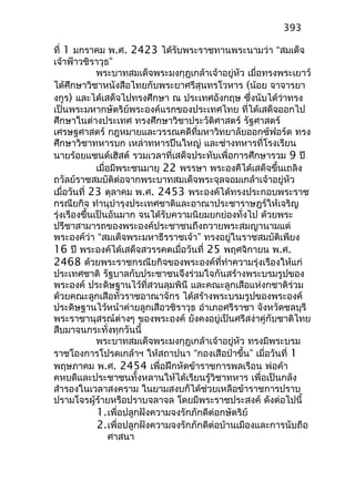 ที่ 1 มกราคม พ.ศ. 2423 ได้รับพระราชทานพระนามว่า “สมเด็จ
เจ้าฟ้าวชิราวุธ”
พระบาทสมเด็จพระมงกุฎเกล้าเจ้าอยู่หัว เมื่อทรงพระเยาว์
ได้ศึกษาวิชาหนังสือไทยกับพระยาศรีสุนทรโวหาร (น้อย จาจารยา
งกูร) และได้เสด็จไปทรงศึกษา ณ ประเทศอังกฤษ ซึ่งนับได้ว่าทรง
เป็นพระมหากษัตริย์พระองค์แรกของประเทศไทย ที่ได้เสด็จออกไป
ศึกษาในต่างประเทศ ทรงศึกษาวิชาประวัติศาสตร์ รัฐศาสตร์
เศรษฐศาสตร์ กฎหมายและวรรณคดีที่มหาวิทยาลัยออกซ์ฟอร์ด ทรง
ศึกษาวิชาทหารบก เหล่าทหารปืนใหญ่ และช่างทหารที่โรงเรียน
นายร้อยแซนด์เฮิสต์ รวมเวลาที่เสด็จประทับเพื่อการศึกษารวม 9 ปี
เมื่อมีพระชนมายุ 22 พรรษา พระองคืได้เสด็จขึ้นเถลิง
ถวัลย์ราชสมบัติต่อจากพระบาทสมเด็จพระจุลจอมเกล้าเจ้าอยู่หัว
เมื่อวันที่ 23 ตุลาคม พ.ศ. 2453 พระองค์ได้ทรงประกอบพระราช
กรณียกิจ ทำานุบำารุงประเทศชาติและอาณาประชาราษฎร์ให้เจริญ
รุ่งเรืองขึ้นเป็นอันมาก จนได้รับความนิยมยกย่องทั่งไป ด้วยพระ
ปรีชาสามารถของพระองค์ประชาชนถึงถวายพระสมญานามแด่
พระองค์ว่า “สมเด็จพระมหาธีรราชเจ้า” ทรงอยู่ในราชสมบัติเพียง
16 ปี พระองค์ได้เสด็จสวรรคตเมื่อวันที่ 25 พฤศจิกายน พ.ศ.
2468 ด้วยพระราชกรณียกิจของพระองค์ที่ทำาความรุ่งเรืองให้แก่
ประเทศชาติ รัฐบาลกับประชาชนจึงร่วมใจกันสร้างพระบรมรูปของ
พระองค์ ประดิษฐานไว้ที่สวนลุมพินี และคณะลูกเสือแห่งกชาติร่วม
ด้วยคณะลูกเสือทั่วราชอาณาจักร ได้สร้างพระบรมรูปของพระองค์
ประดิษฐานไว้หน้าค่ายลูกเสือวชิราวุธ อำาเภอศรีราชา จังหวัดชลบุรี
พระราชานุสรณ์ต่างๆ ของพระองค์ ยังคงอยู่เป็นศรีสง่าคู่กับชาติไทย
สืบมาจนกระทั่งทุกวันนี้
พระบาทสมเด็จพระมงกุฎเกล้าเจ้าอยู่หัว ทรงมีพระบรม
ราชโองการโปรดเกล้าฯ ให้สถาปนา “กองเสือป่าขึ้น” เมื่อวันที่ 1
พฤษภาคม พ.ศ. 2454 เพื่อฝึกหัดข้าราชการพลเรือน พ่อค้า
คหบดีและประชาชนทั้งหลานให้ได้เรียนรู้วิชาทหาร เพื่อเป็นกลัง
สำารองในเวลาสงคราม ในยามสงบก็ได้ช่วยเหลือข้าราชการปราบ
ปรามโจรผู้ร้ายหรือปราบจลาจล โดยมีพระราชประสงค์ ดังต่อไปนี้
1.เพื่อปลูกฝังความจงรักภักดีต่อกษัตริย์
2.เพื่อปลูกฝังความจงรักภักดีต่อบ้านเมืองและการนับถือ
ศาสนา
393
 